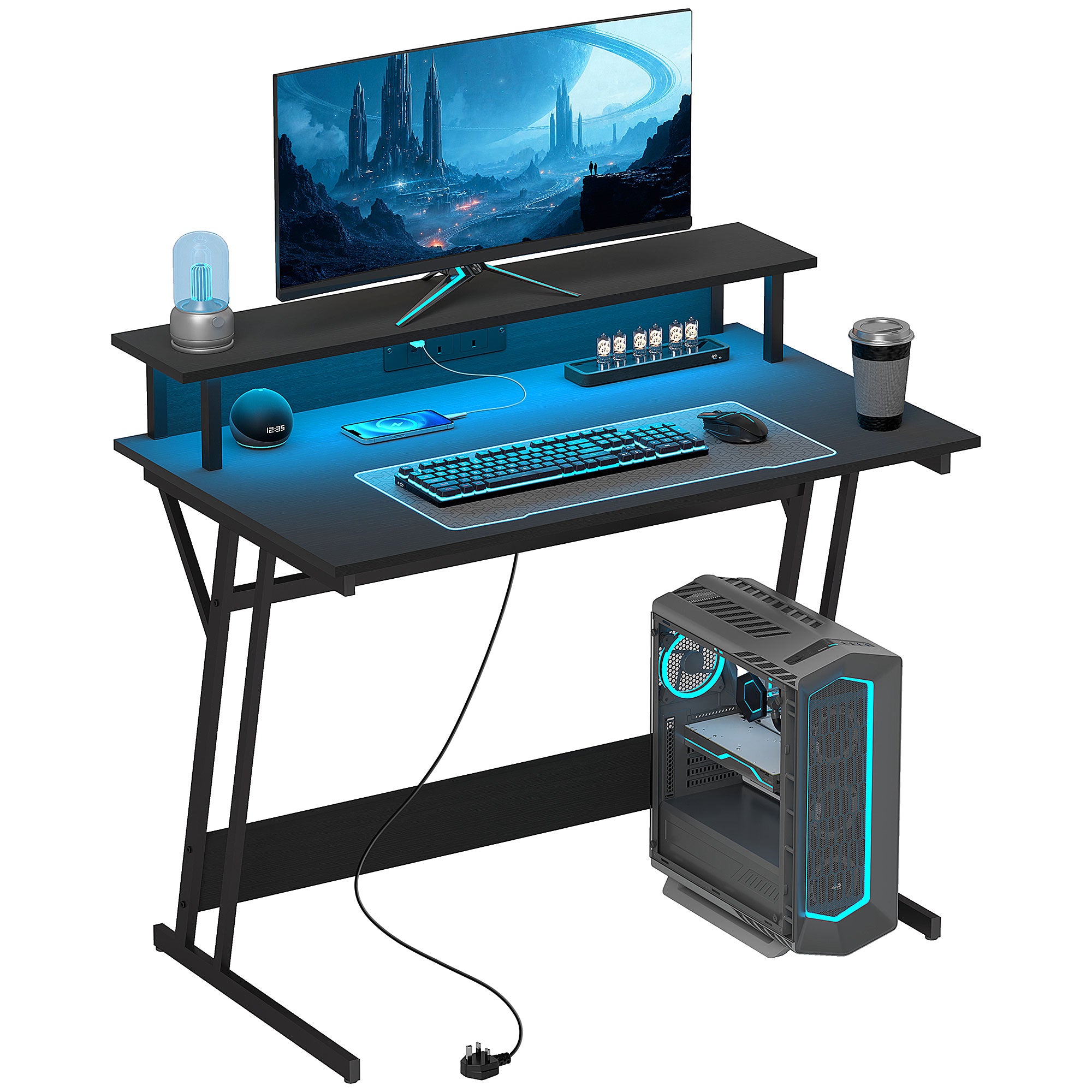 HOMCOM Gaming Desk with LED Lights and Power Outlets, 100 x 60cm Z Shaped Computer Desk with Monitor Stand and Steel Frame, PC Gaming Table for Home Office, Black - North Peak Garden Furniture