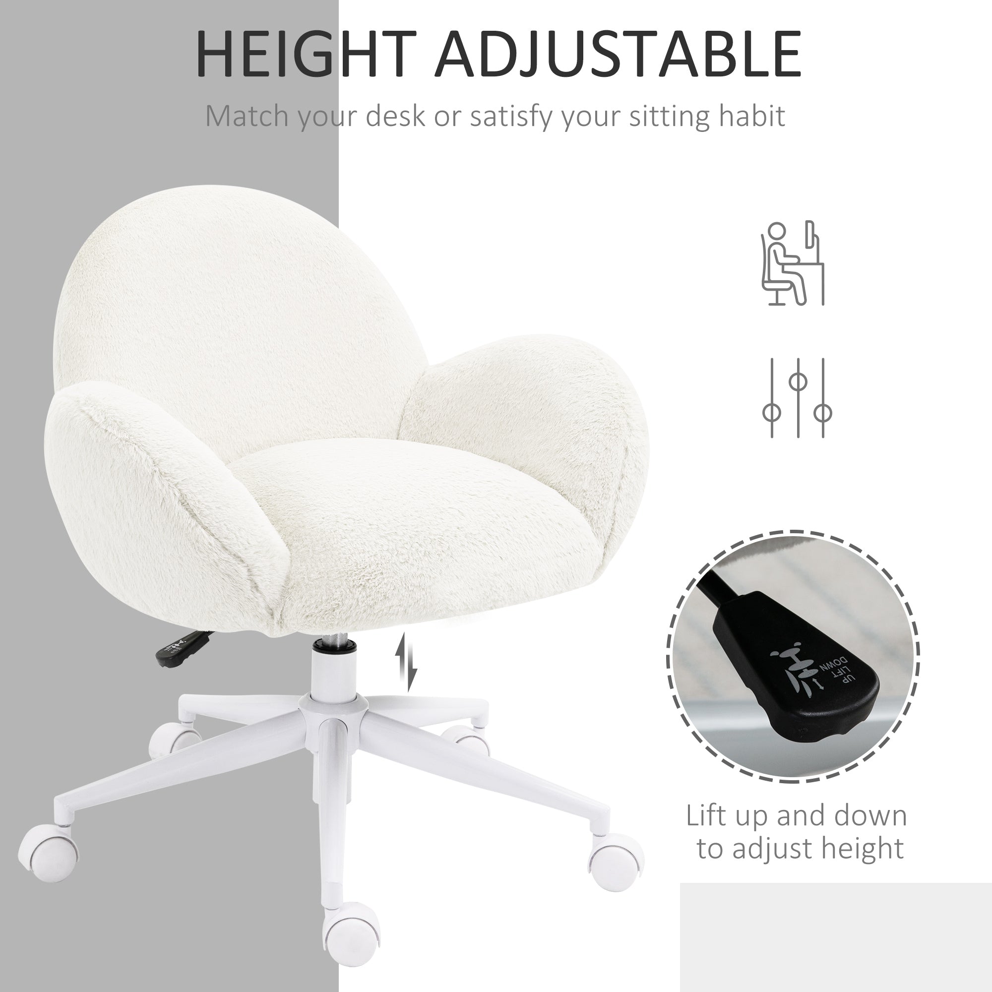 HOMCOM Makeup Vanity Chair, Cute Fluffy Desk Chair with Rolling Wheels for Bedroom Living Room, Cream White - North Peak Garden Furniture