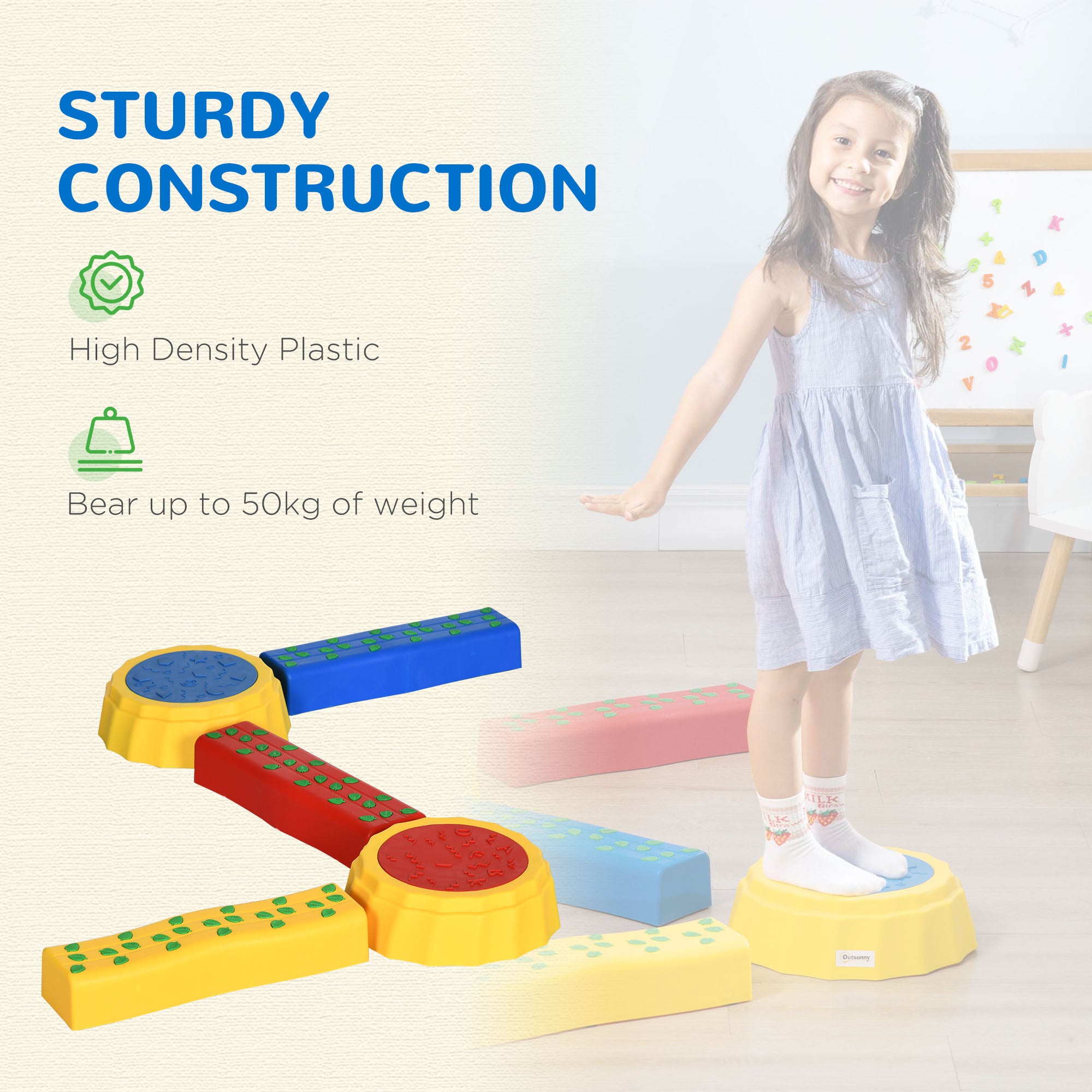 Outsunny Five-Piece Kids Stepping Stones and Balance Bridge w/ Non-Slip Surface & Bottom. for Toddlers - Multicoloured - North Peak Garden Furniture