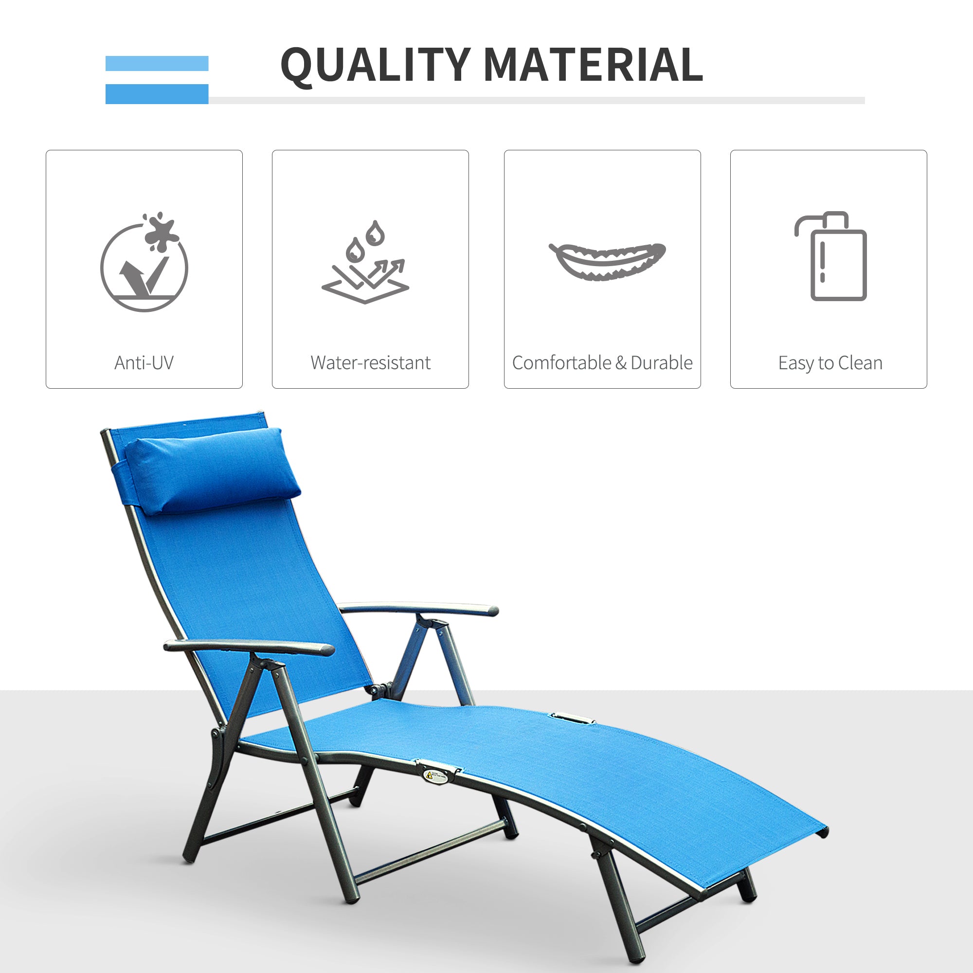 Outsunny Sun Lounger Steel Frame Outdoor Folding Chaise Texteline Lounge Chair Recliner with Headrest & 7 Levels Adjustable Backrest, Blue - North Peak Garden Furniture