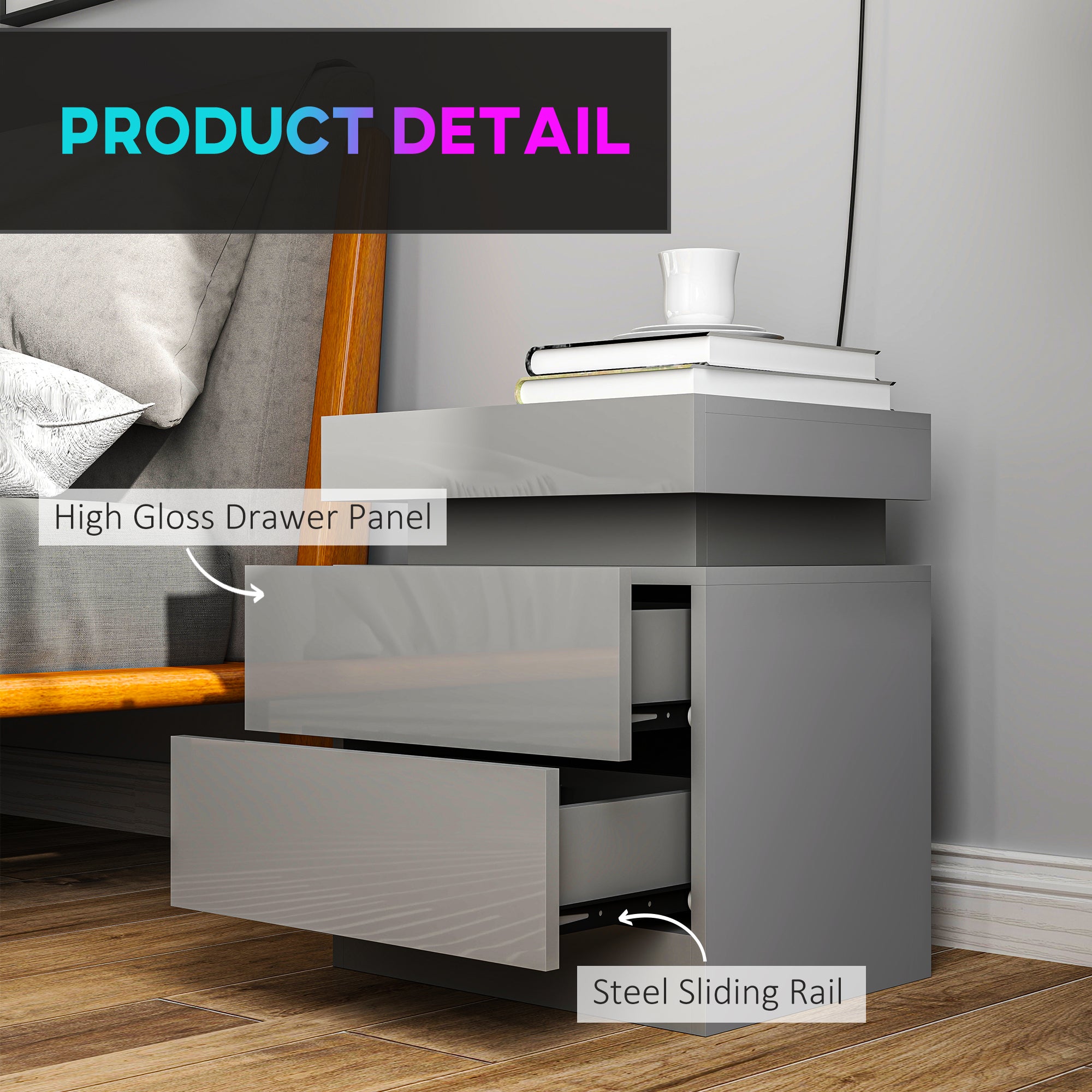 HOMCOM Grey Bedside Table with LED Light, High Gloss Front Nightstand with 2 Drawers, for Living Room, Bedroom