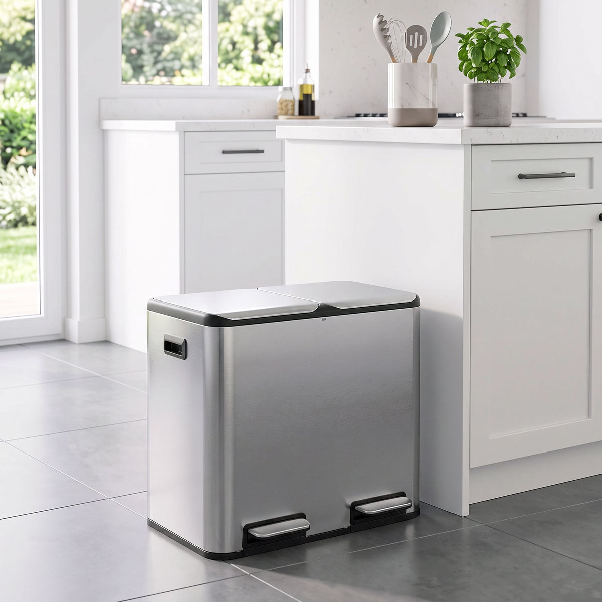 HOMCOM 2 x 20L Double Kitchen Bin, Stainless Steel Pedal Rubbish Bin with Dual Compartments, Soft Close Lids, Silver Tone