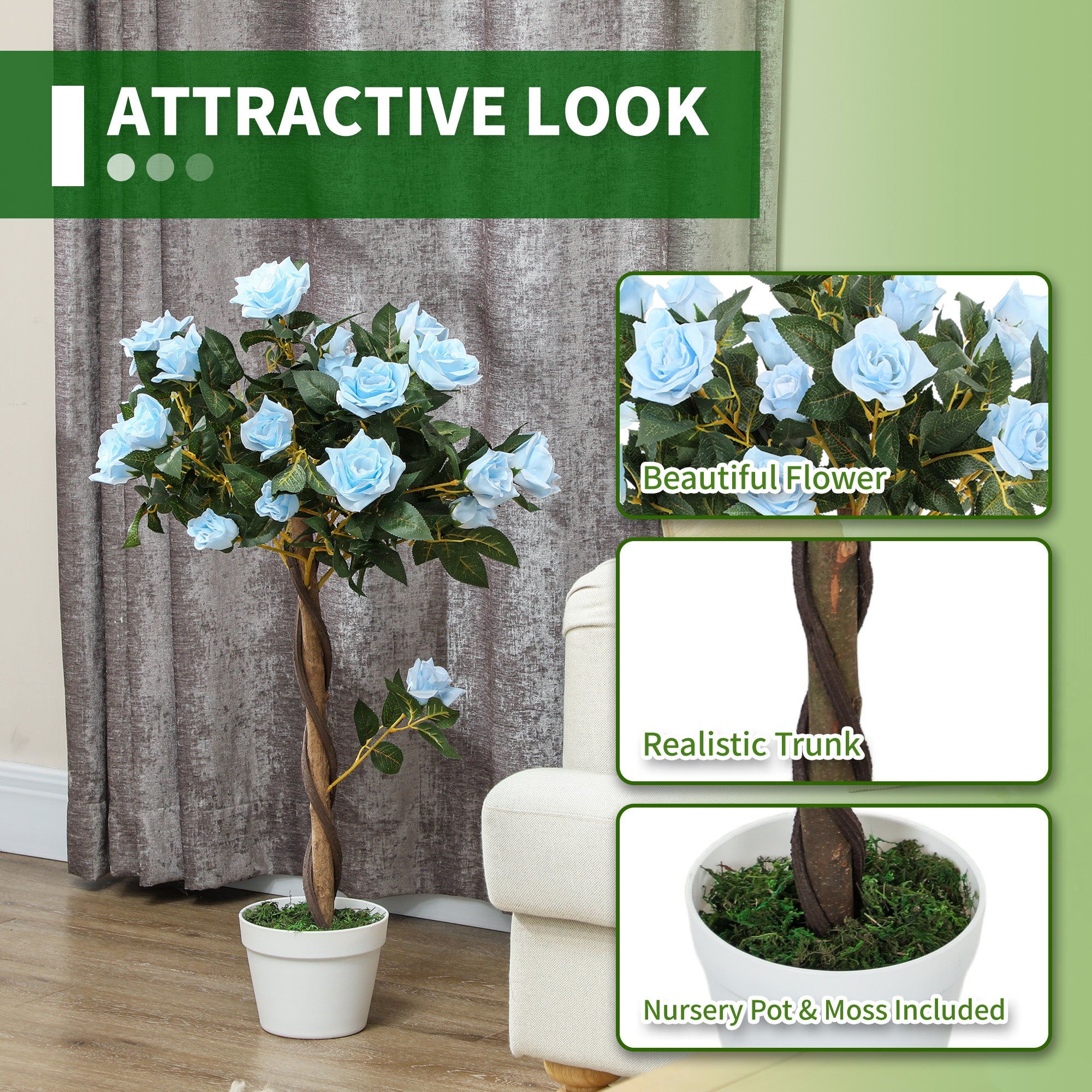 Outsunny Set of 2 Artificial Plants White Rose Floral in Pot, Fake Plants for Home Indoor Outdoor Decor, 90cm, Light Blue - North Peak Garden Furniture