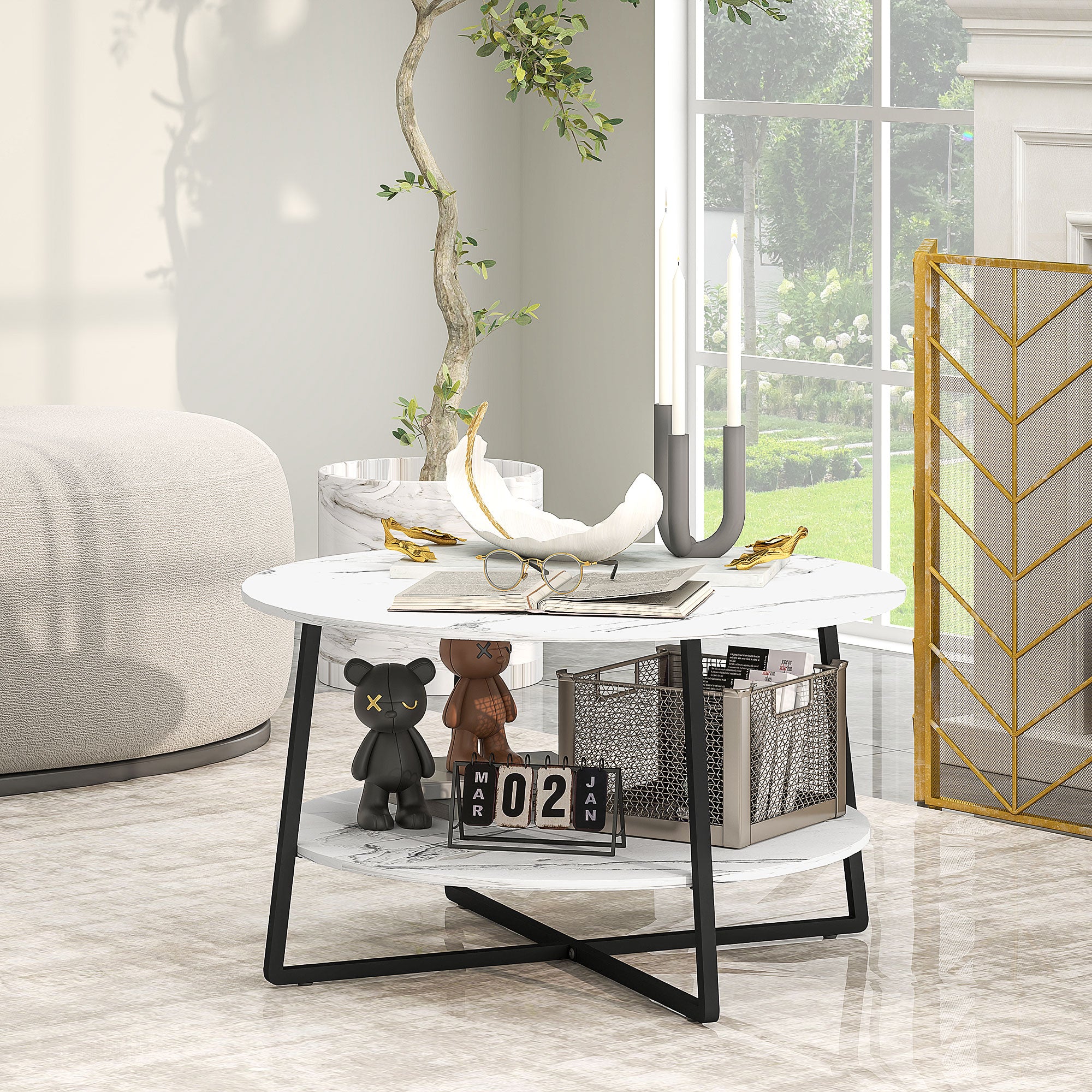 HOMCOM 2-Tier Round Coffee Table with Storage Shelf, Living Room Table with Marble Effect Top and Steel Frame, White