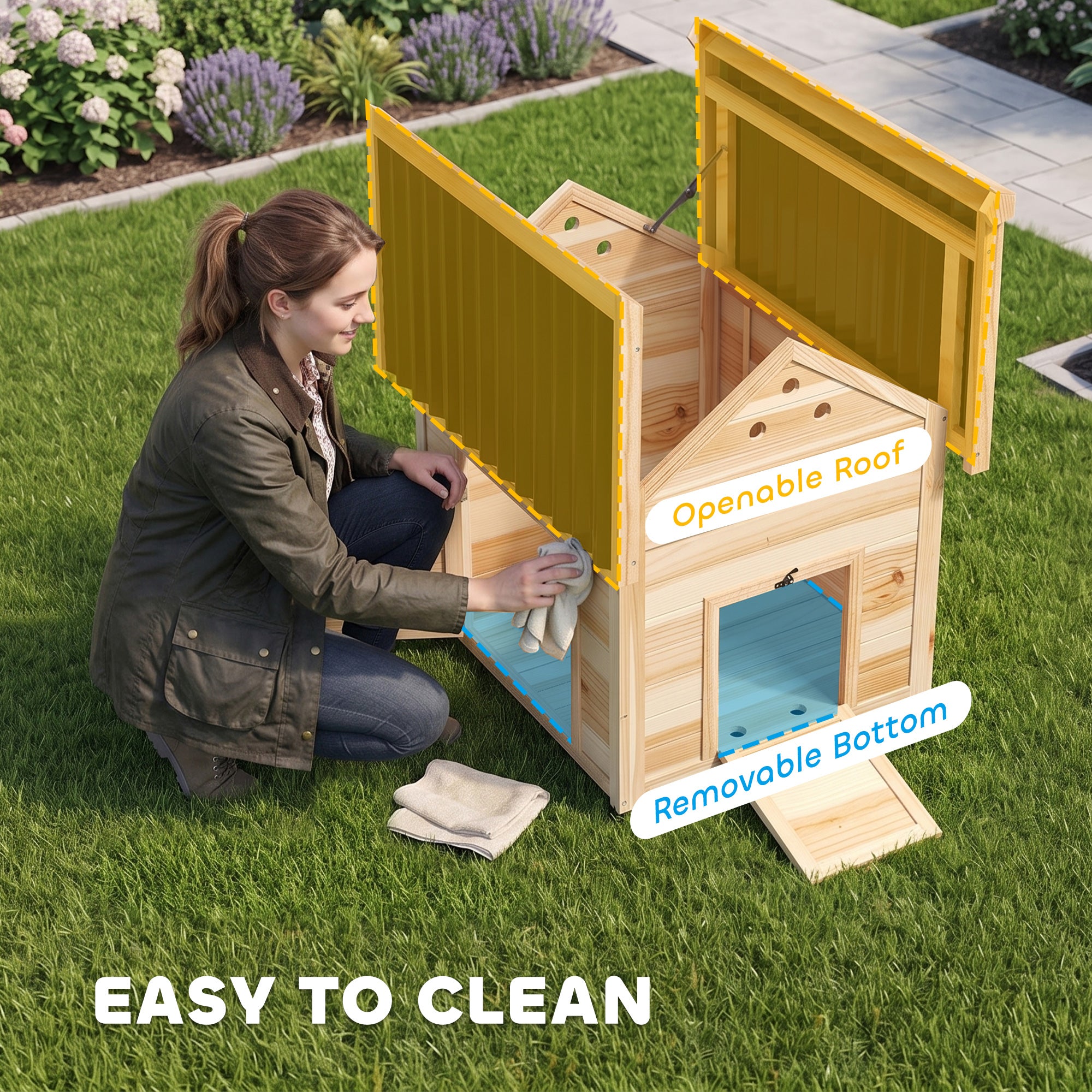 PawHut Wooden Duck House with Double Doors, Openable Roof, Ventilation Holes, Removable Base, Natural Wood Finish