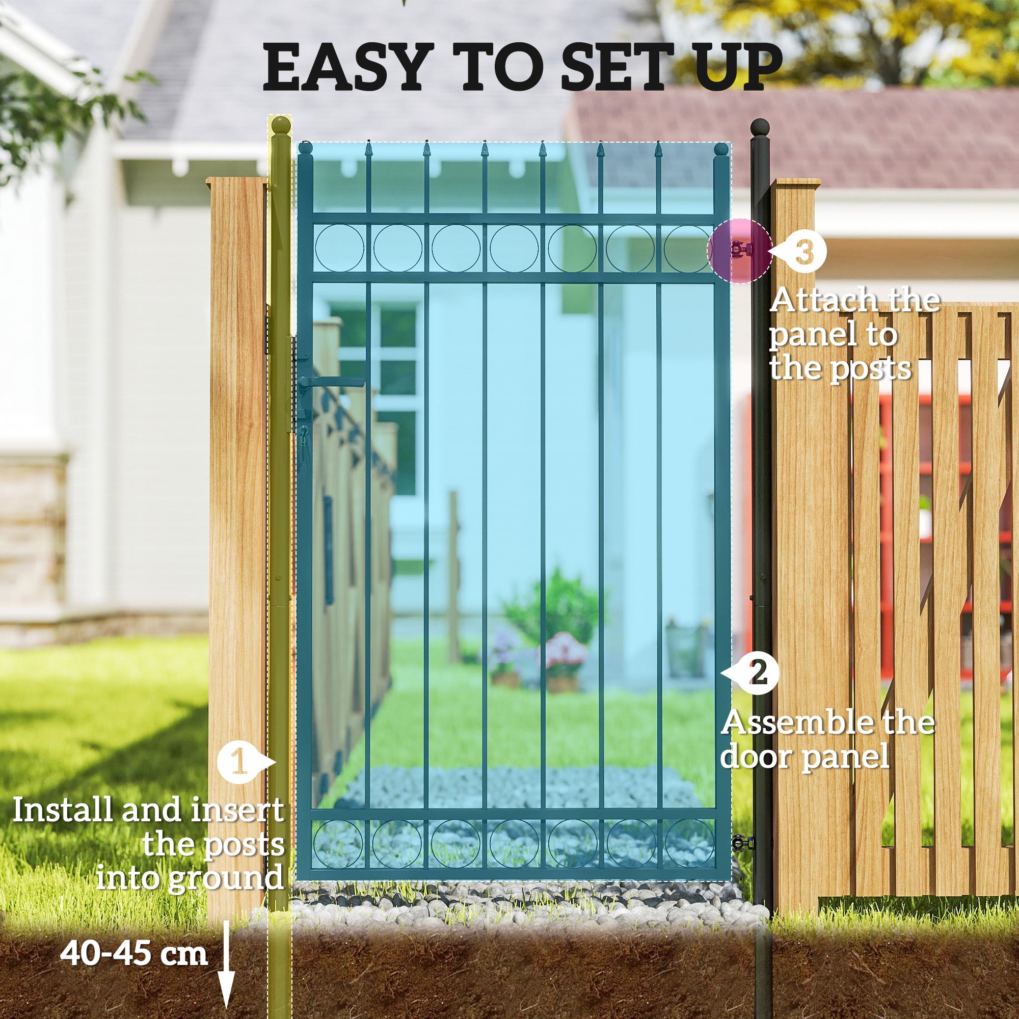 Outsunny Galvanised Steel Garden Gate, Outdoor Fence Gate Security Barrier with Lock, Keys and Handle, Outdoor Entrance Way Door with Classic Finials, 105 x 204 cm, Black - North Peak Garden Furniture