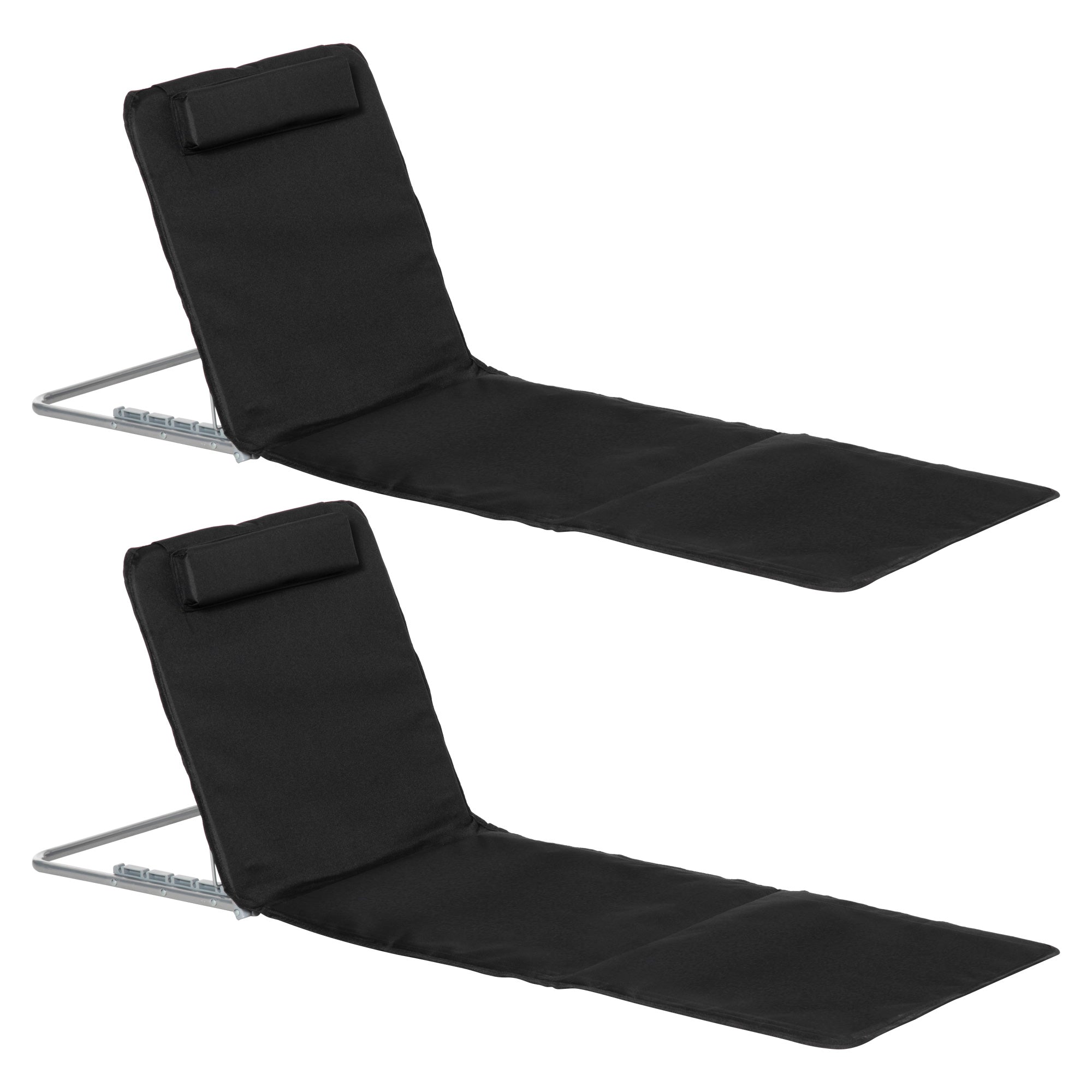 Outsunny Set of 2 Foldable Garden Beach Chair Mat Lightweight Outdoor Sun Lounger Seats Adjustable Back Metal Frame PE Fabric Head Pillow w/ Carry Bag, Black - North Peak Garden Furniture