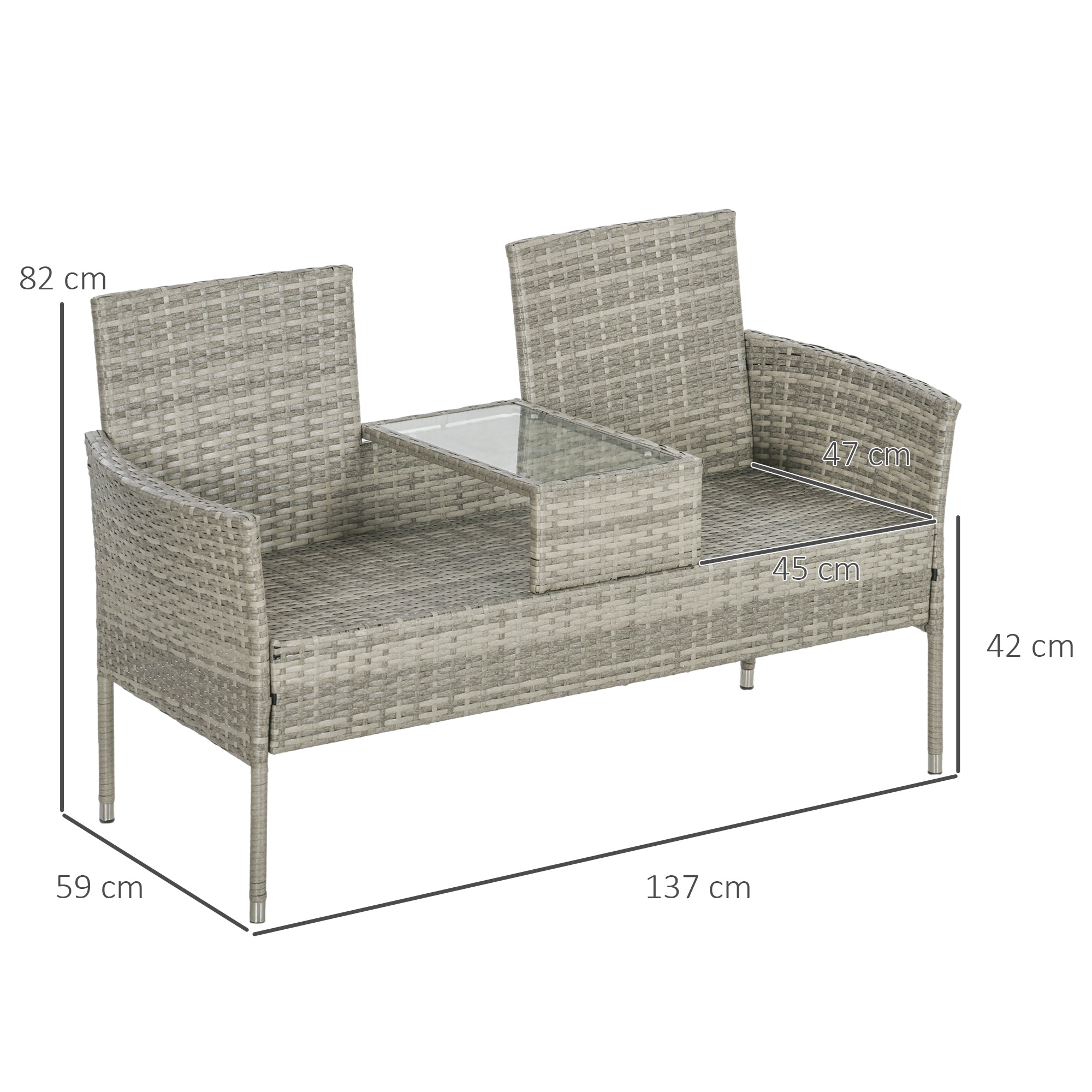 Outsunny Two-Seat Rattan Chair, with Middle Table - Grey - North Peak Garden Furniture