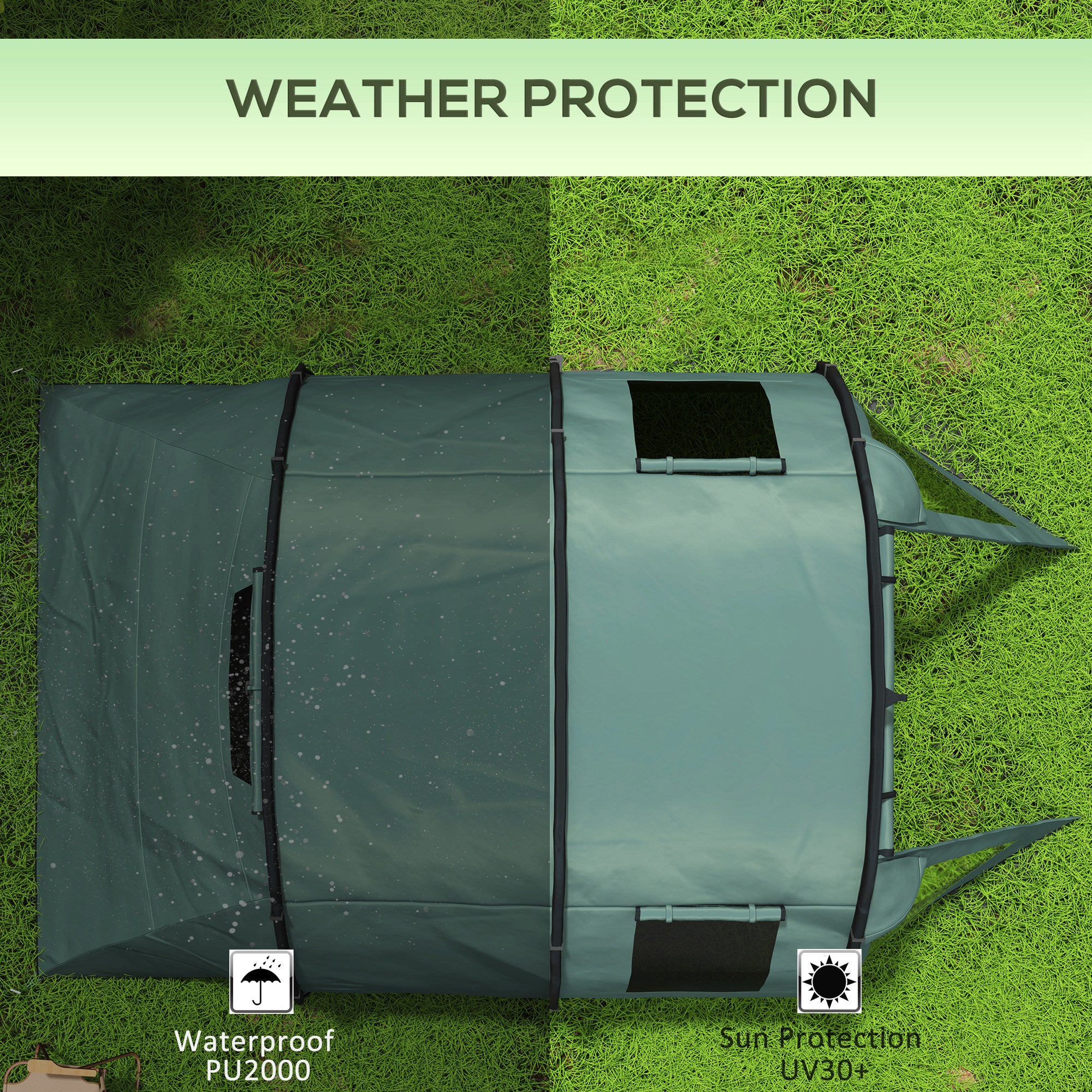 Outsunny Two Room Tunnel Tent Camping Tent for 3-4 Man with Windows, Covers, Carry Bag, for Fishing, Hiking, Sports, Green - North Peak Garden Furniture