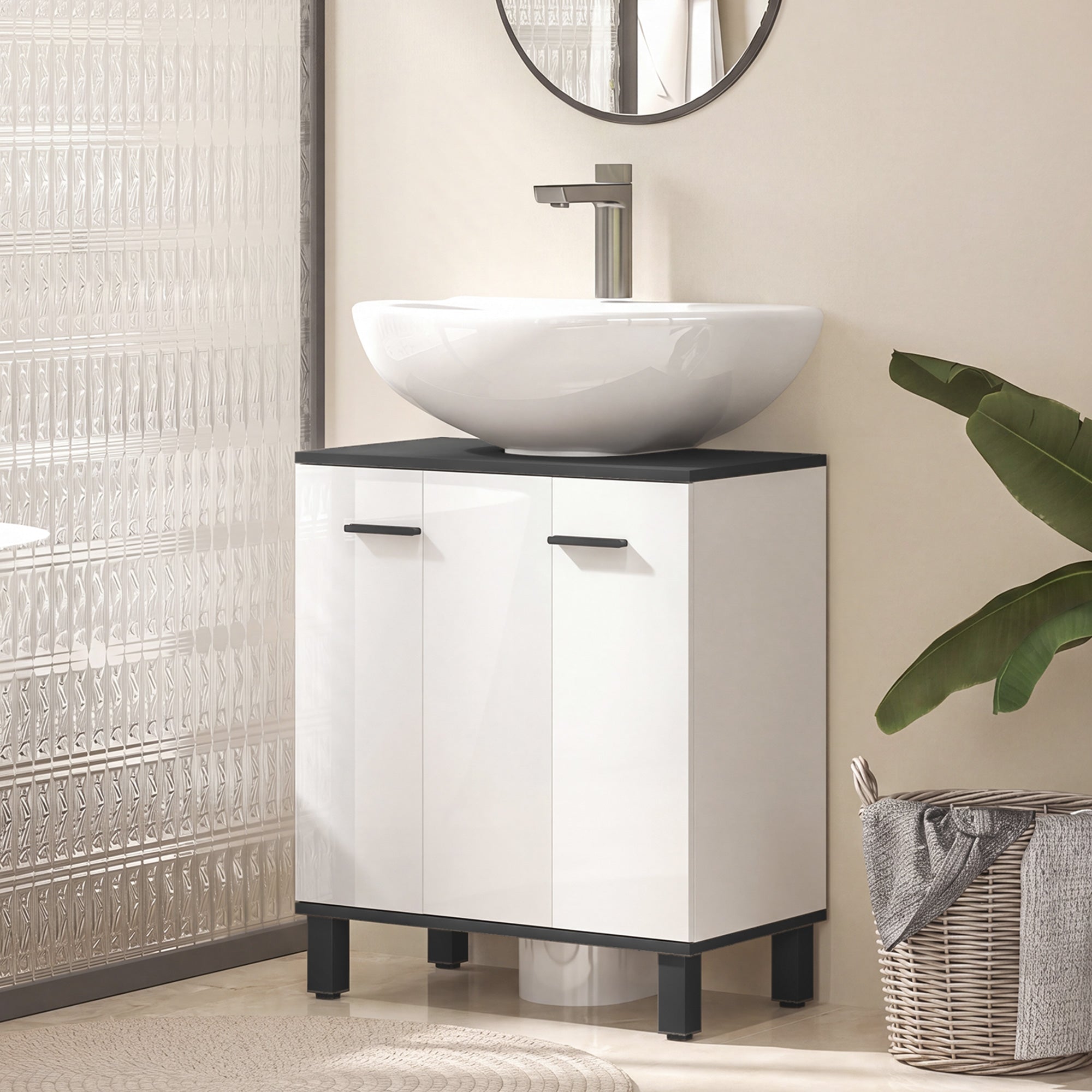 HOMCOM Modern Under-Sink Bathroom Cabinet - High Gloss White