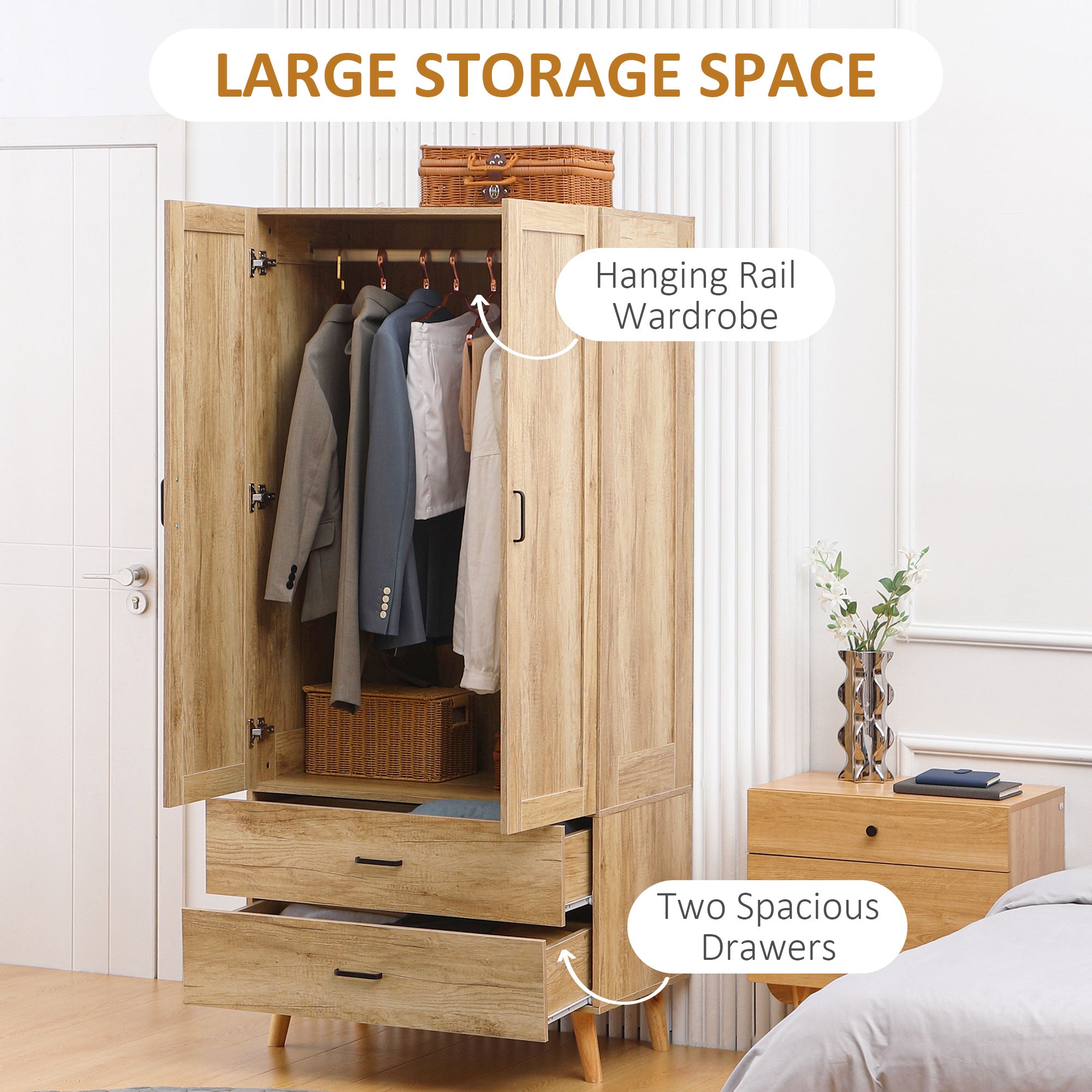 HOMCOM 2 Door Wardrobe, Modern Wardrobe with 2 Drawer and Hanging Rail for Bedroom, Natural - North Peak Garden Furniture