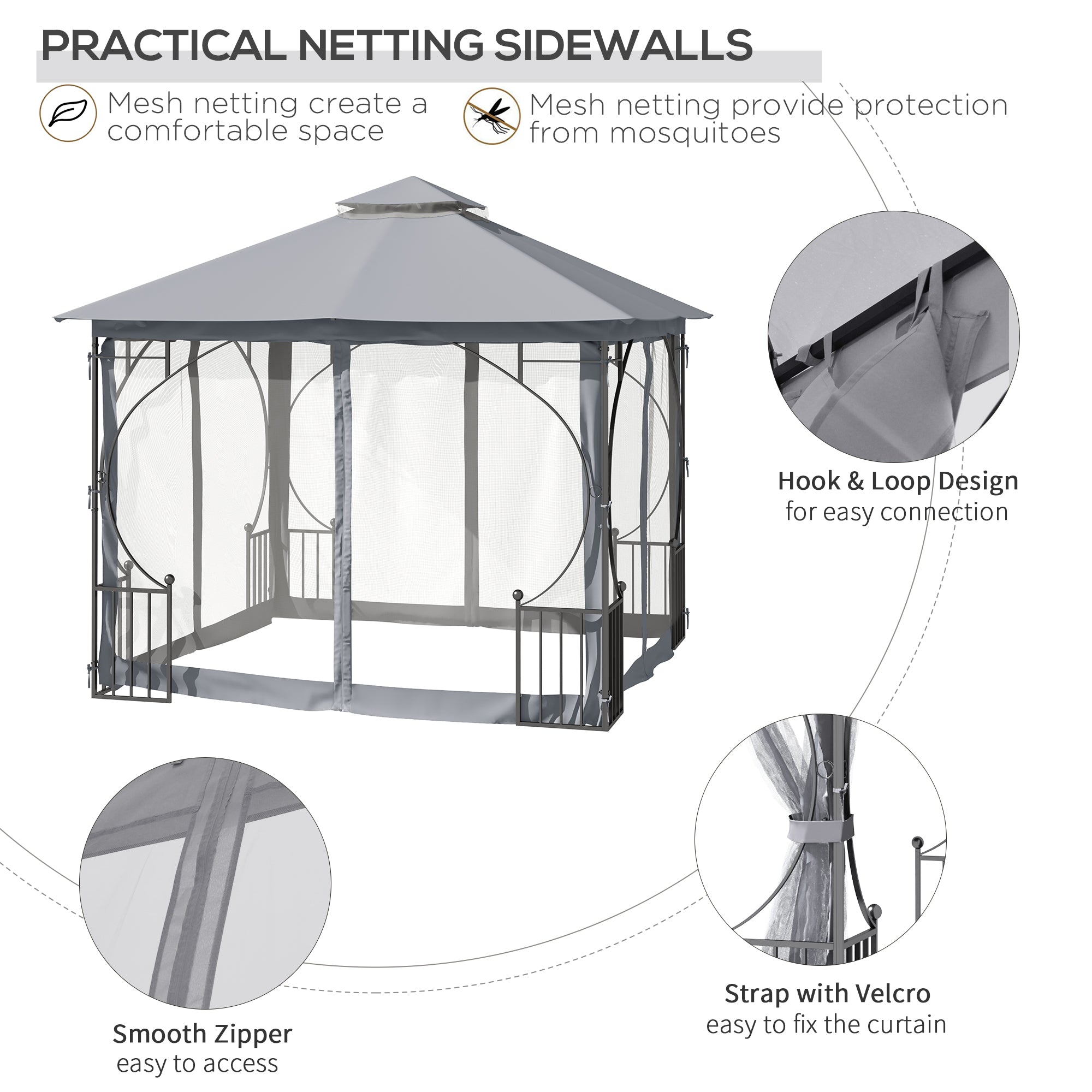 Outsunny 3 x 3(m) Garden Gazebo Patio Party Tent Shelter Outdoor Canopy Double Tier Sun Shade Metal Frame Netting Light Grey