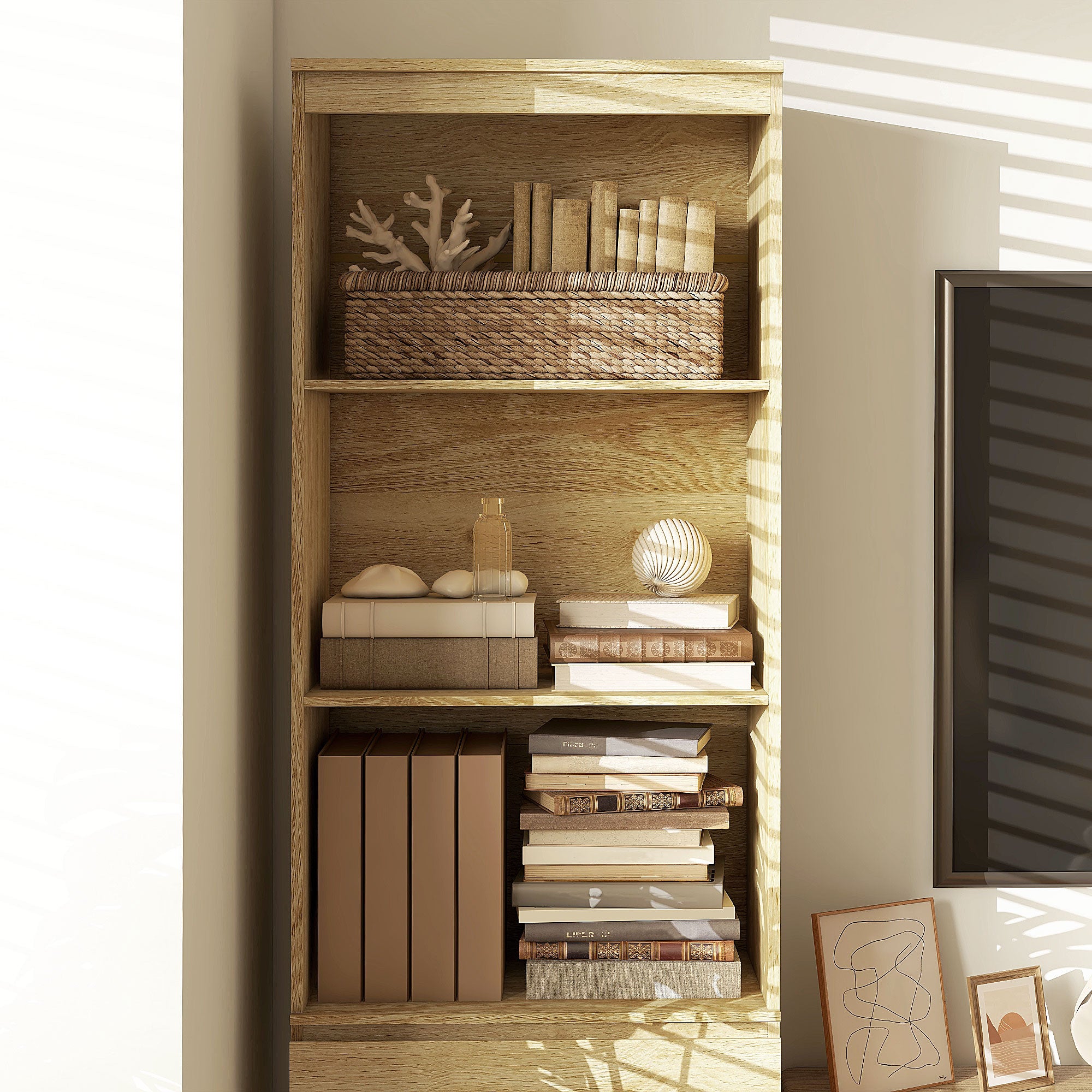 HOMCOM 180cm Tall Bookcase, with Shelves and Drawers - Wood Effect - North Peak Garden Furniture