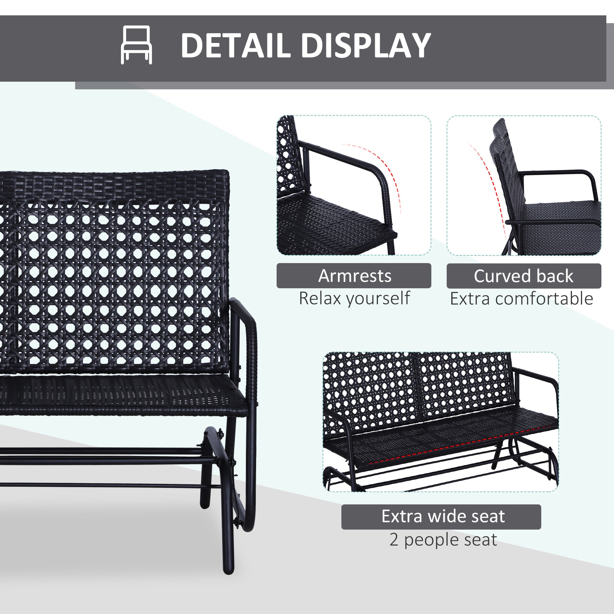 Outsunny 2 Seater PE Rattan Glider Bench, Outdoor Loveseat Chair with Steel Frame, Porch Rocking Glider for 2 Person with Armchair, High Back, Black - North Peak Garden Furniture