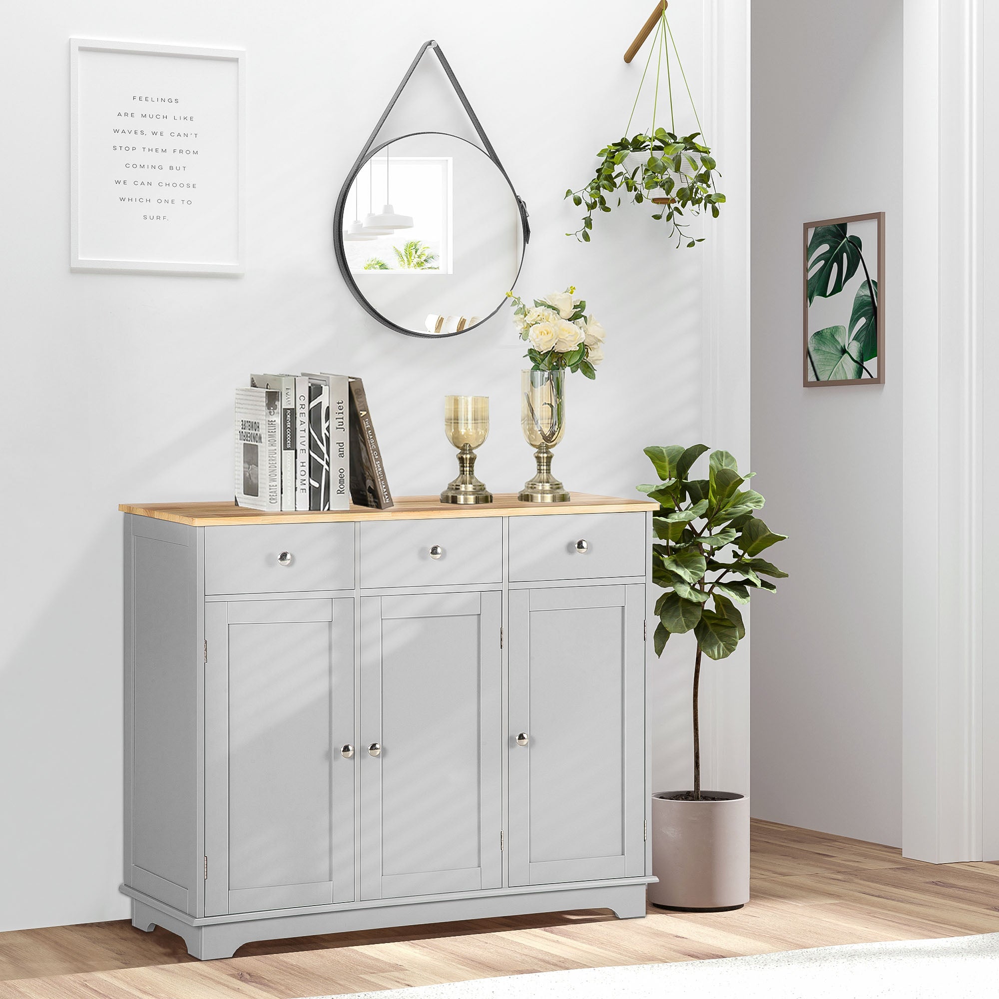 HOMCOM Sideboard with Rubberwood Top and Adjustable Shelves for Dining Room, Kitchen - Grey - North Peak Garden Furniture