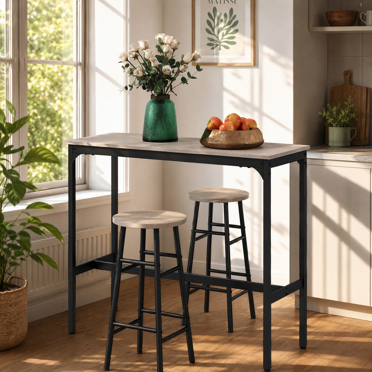 HOMCOM 3 Piece Bar Table Set with 2 Stools, Industrial Bar Table and Stool Set, Dining Table and Chair Set, Grey