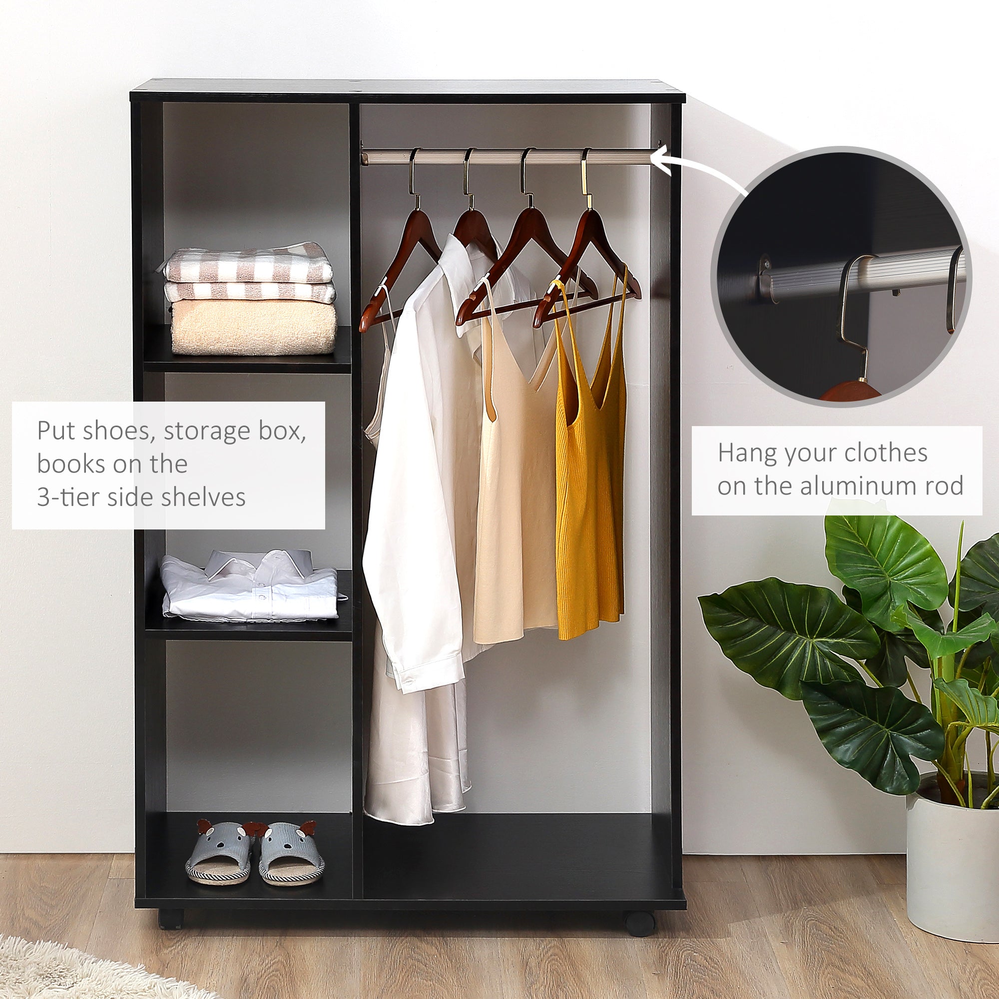 HOMCOM Open Wardrobe on Wheels with Clothes Rail, Bedroom Clothes Storage with Hanging Rod, 3 Storage Shelves, Mobile Garment Rack for Cloakroom, Hallway, Black - North Peak Garden Furniture
