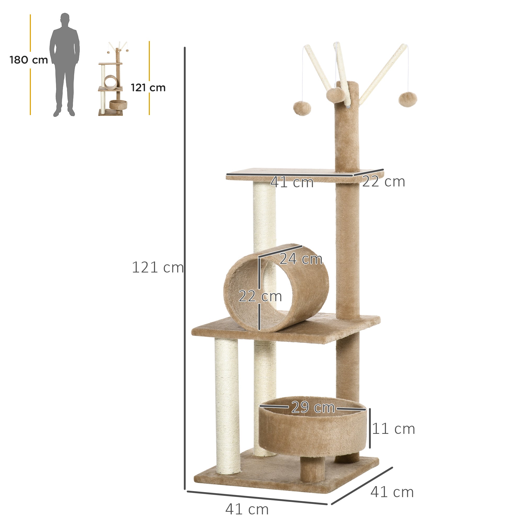 PawHut 121cm Cat Tree Tower for Indoor Cats Kitten Activity Centre Scratching Post with Bed Tunnel Perch Interactive Ball Toy Brown - North Peak Garden Furniture