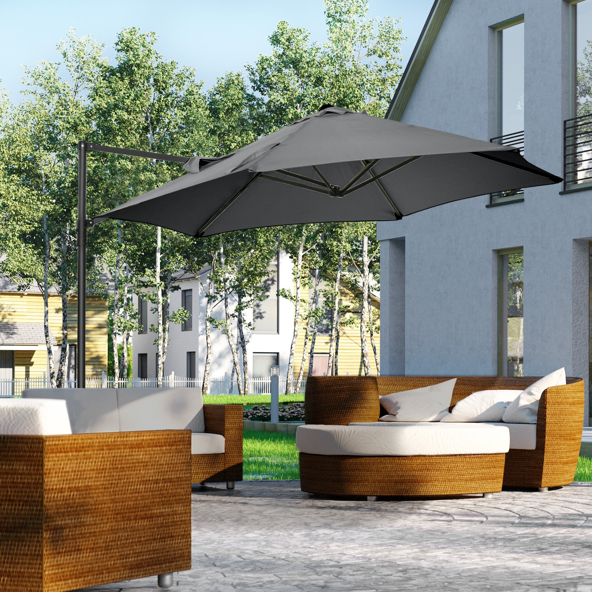 Outsunny 2.5M Garden Cantilever Parasol with 360° Rotation, Offset Roma Patio Umbrella Hanging Sun Shade Canopy Shelter with Cross Base, Dark Grey - North Peak Garden Furniture