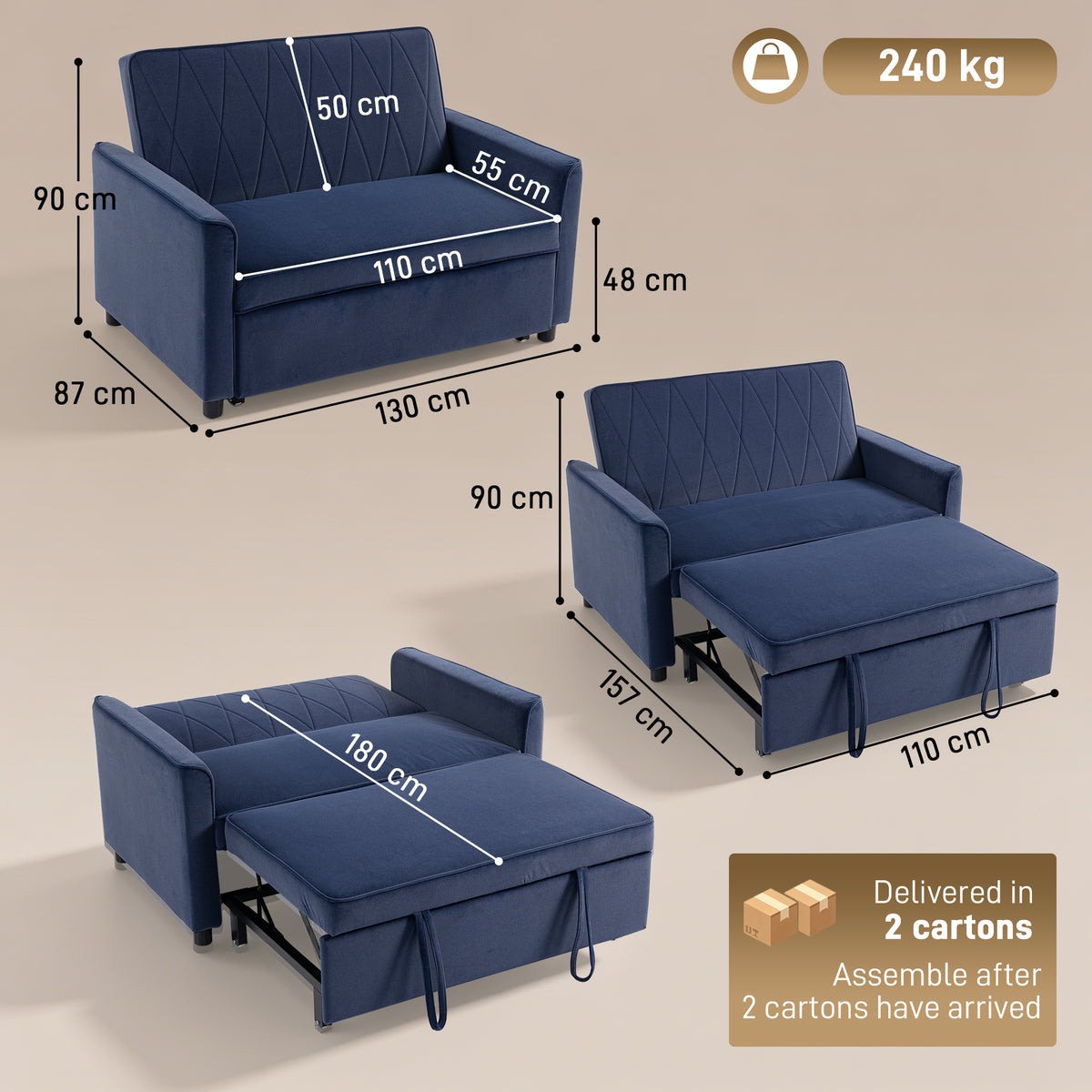 HOMCOM 2 Seater Sofa Bed, 3-in-1 Convertible Pull Out Sleeper Sofa with Click-Clack Adjustable Backrest, Dark Blue