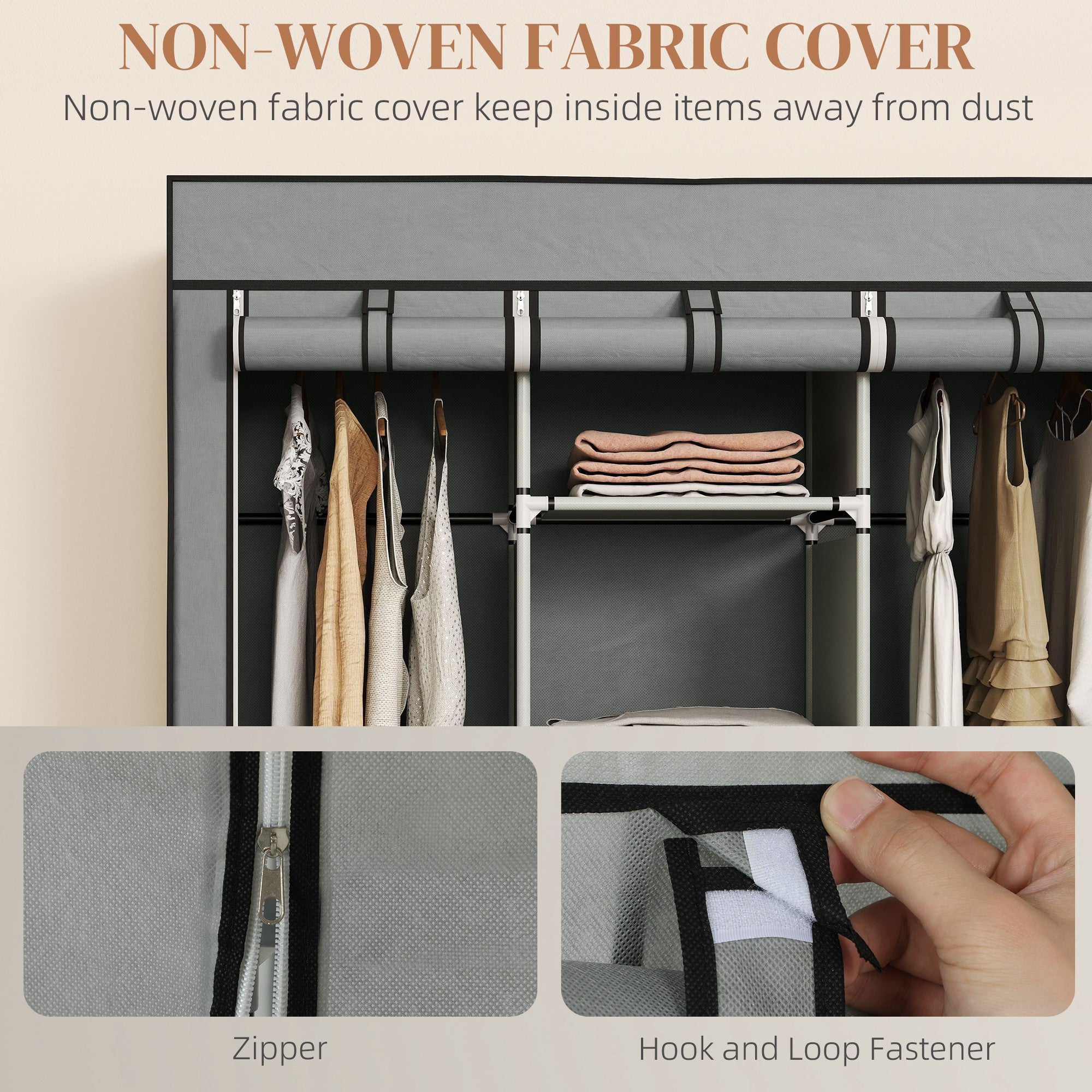 HOMCOM Fabric Wardrobe for Bedroom, Portable Wardrobe with 5 Shelves, 2 Hanging Rails and 3 Fabric Drawers, Foldable Closet, 125 x 43 x 162.5cm, Light Grey - North Peak Garden Furniture