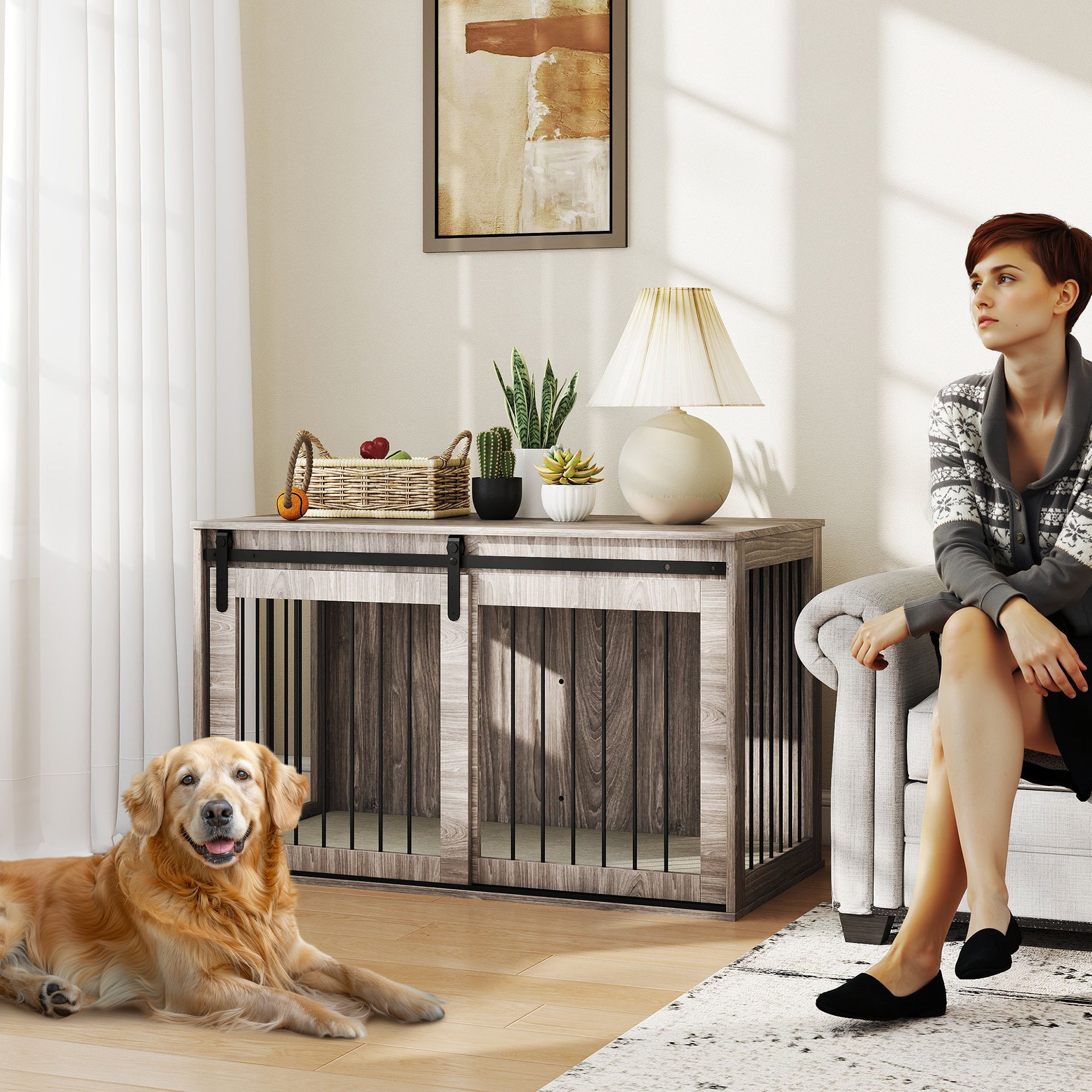 PawHut 118cm Dog Crate Furniture with Removable Cushion for Extra Large Dogs - Brown