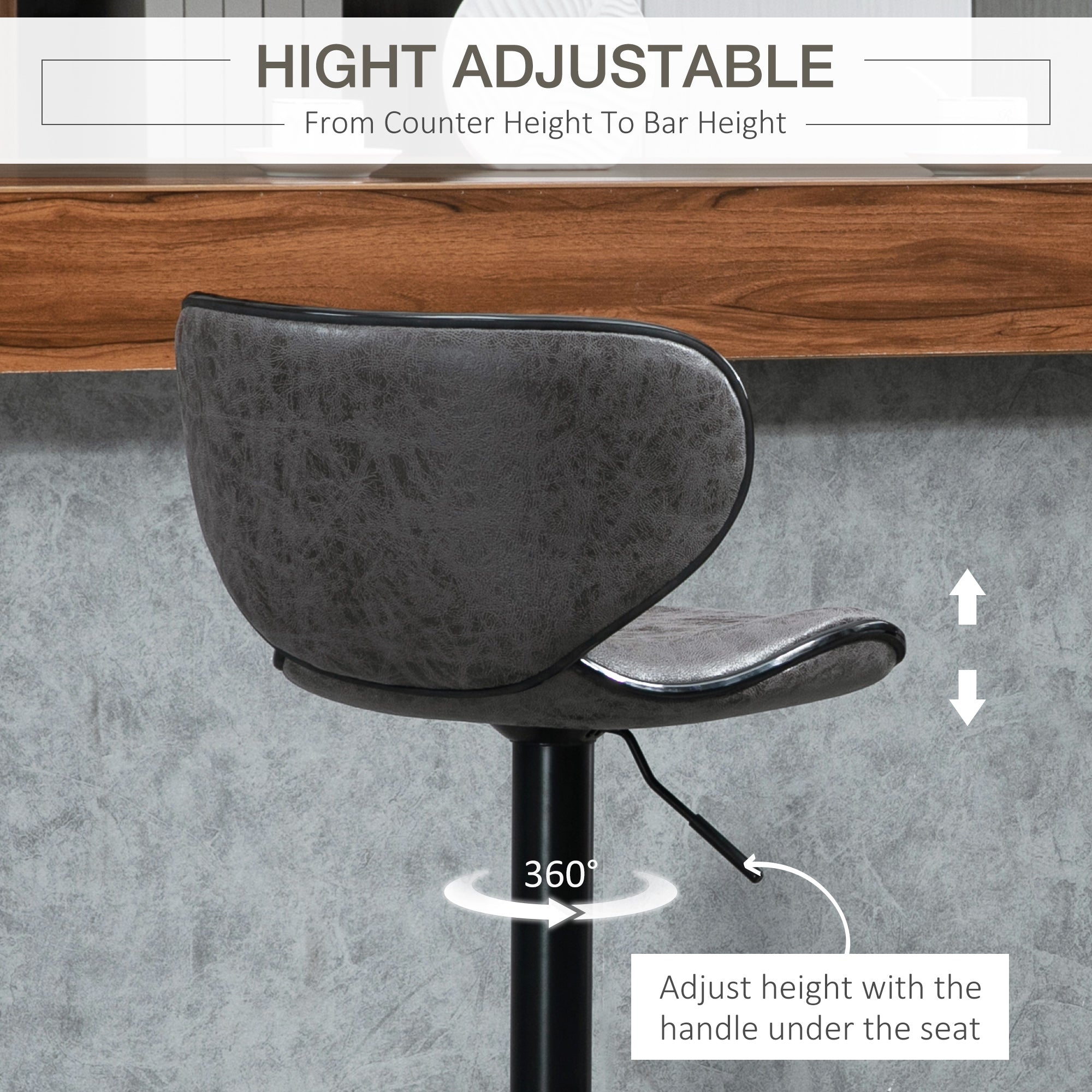 HOMCOM Adjustable Bar Stools Set of 2, Swivel Leathaire Upholstered Barstools with Large Seat, Breakfast Bar Chairs with Back, Footrest and Steel Base, Dark Grey - North Peak Garden Furniture