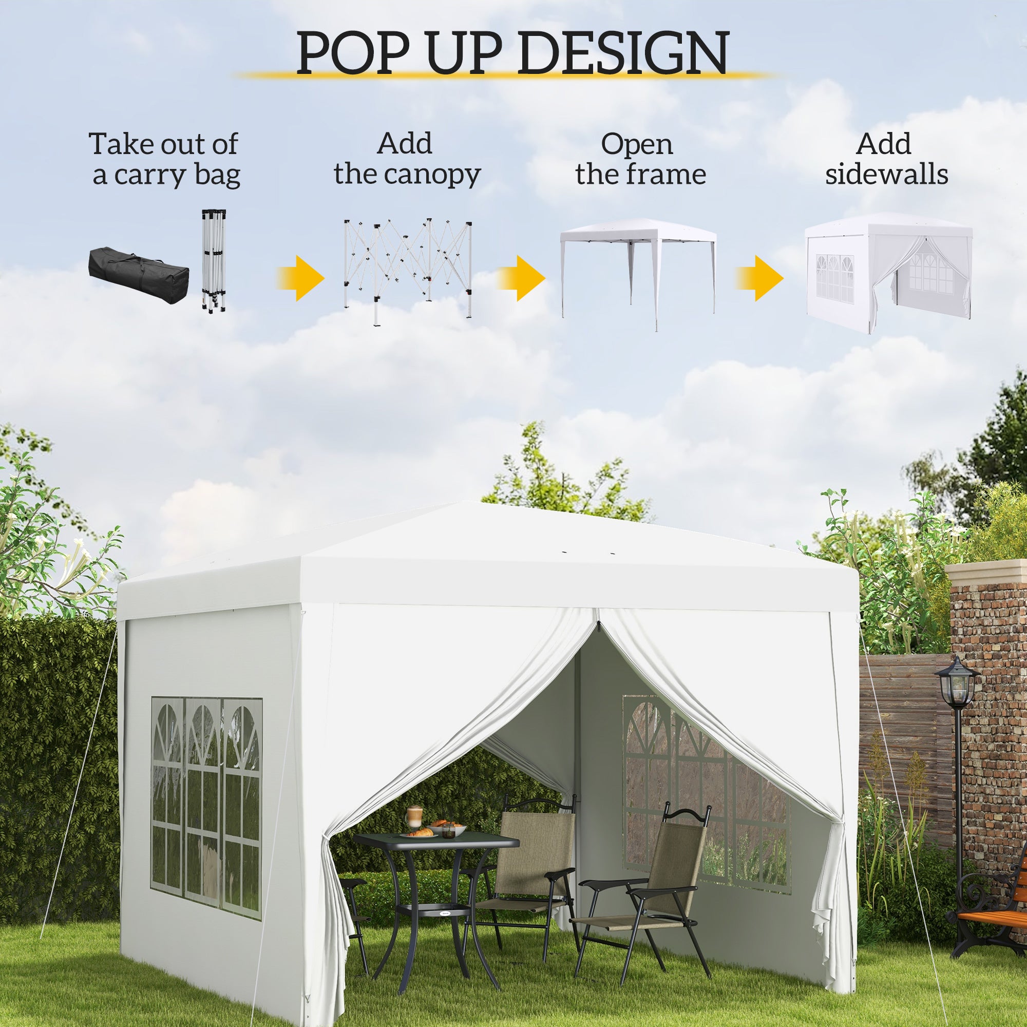 Outsunny 3 x 3m Pop Up Gazebo, Wedding Party Canopy Tent Marquee with Carry Bag and Windows, White - North Peak Garden Furniture