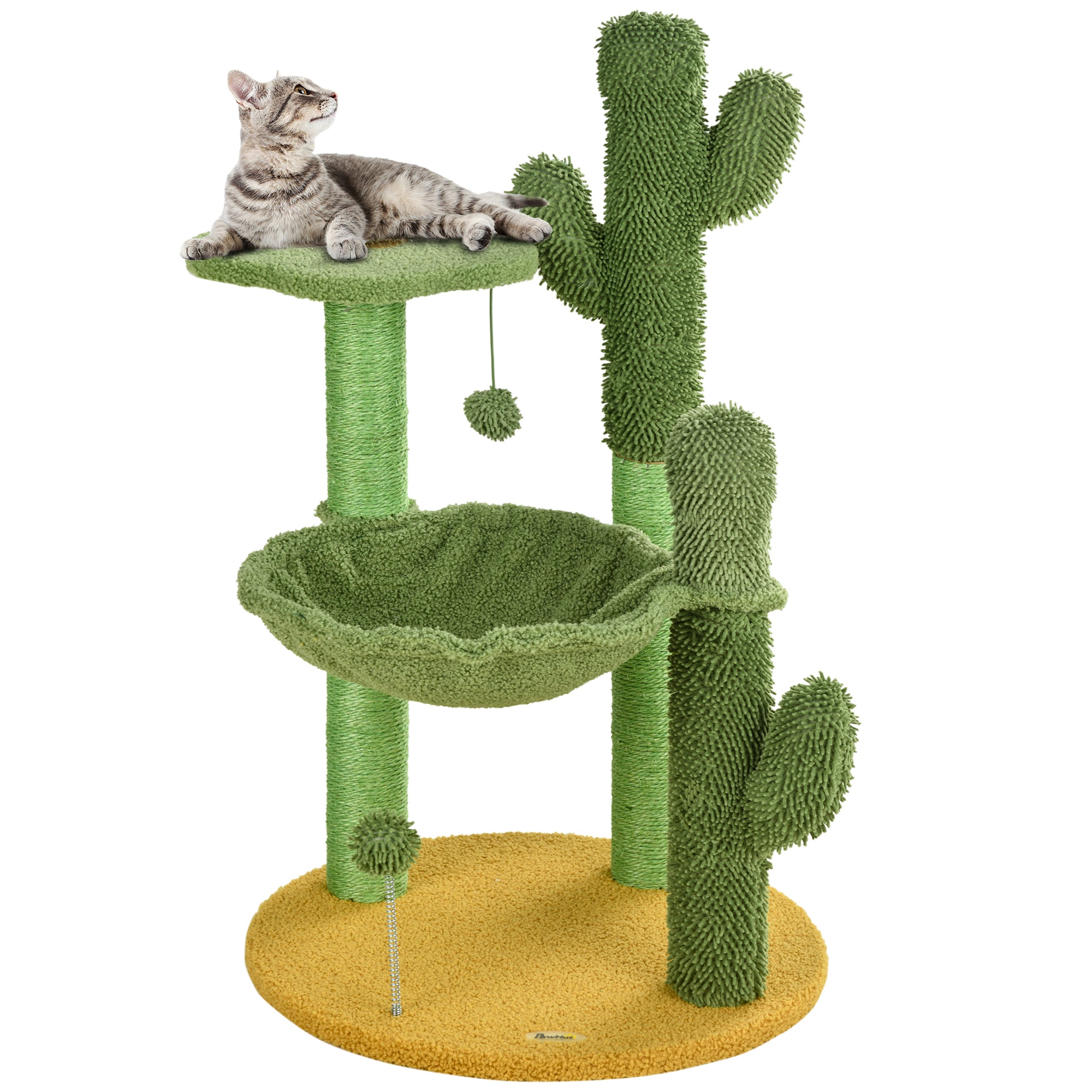 PawHut 82cm Chenille Cactus Cat Tree with Scratching Post, Hammock, Green