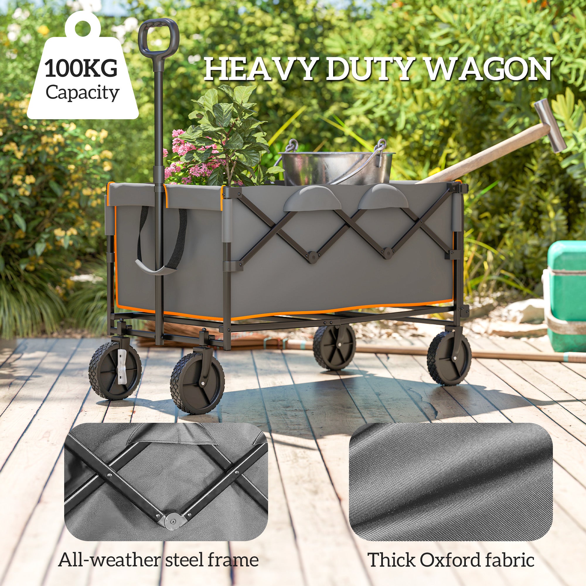 Outsunny 160L Festival Trolley on Wheels, Folding Camping Trolley Cart w/ Tailgate, 100kg Heavy Duty Garden Collapsible Folding Wagon w/Adjustable Handle, Carry Bag for Beach Picnic, Grey and Orange - North Peak Garden Furniture