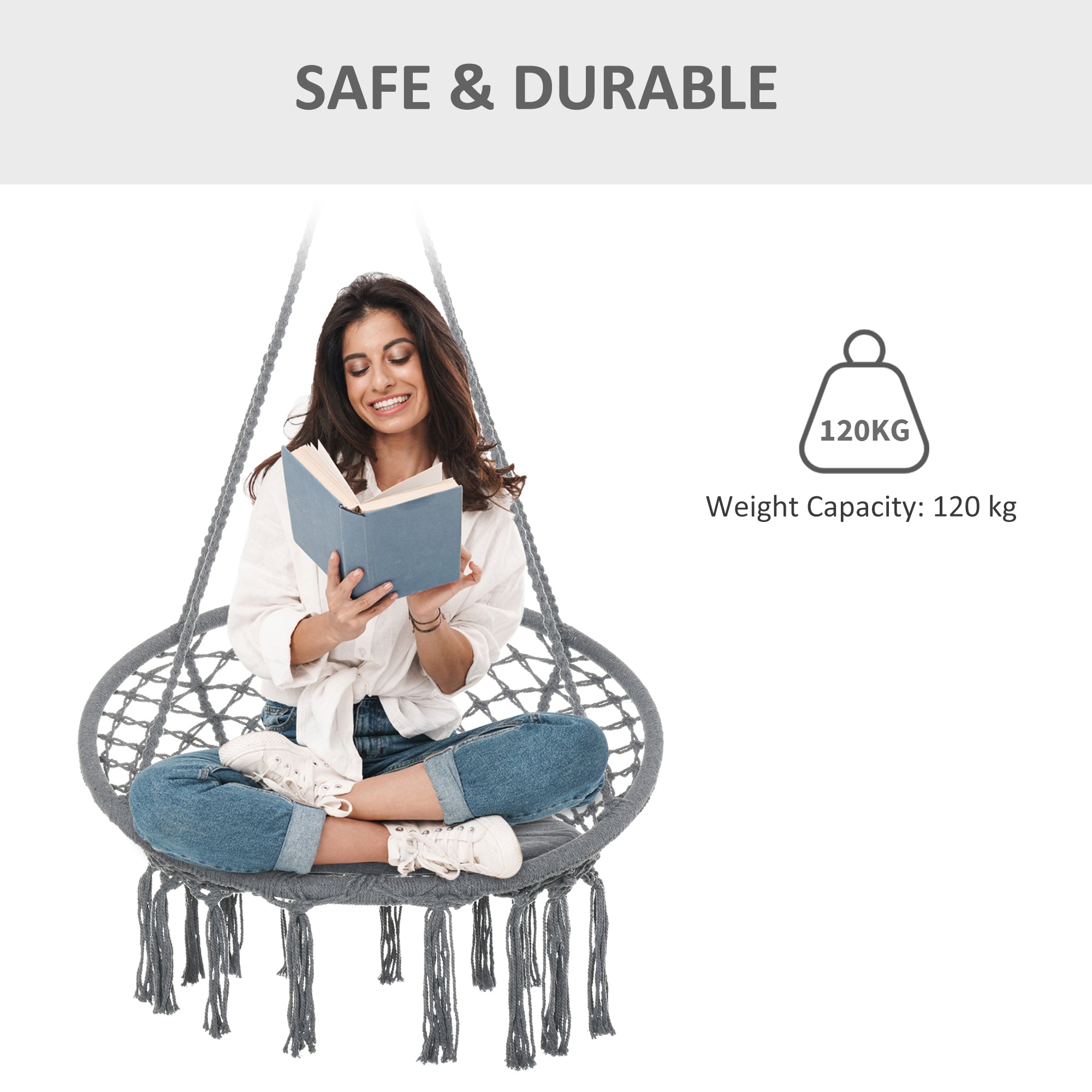 Outsunny Outdoor Cotton-Polyester Blend Macrame Hanging Rope Chair with Cushion, Portable Garden Chair with Fringe Tassels for Patio, Deck, Tree, Grey - North Peak Garden Furniture