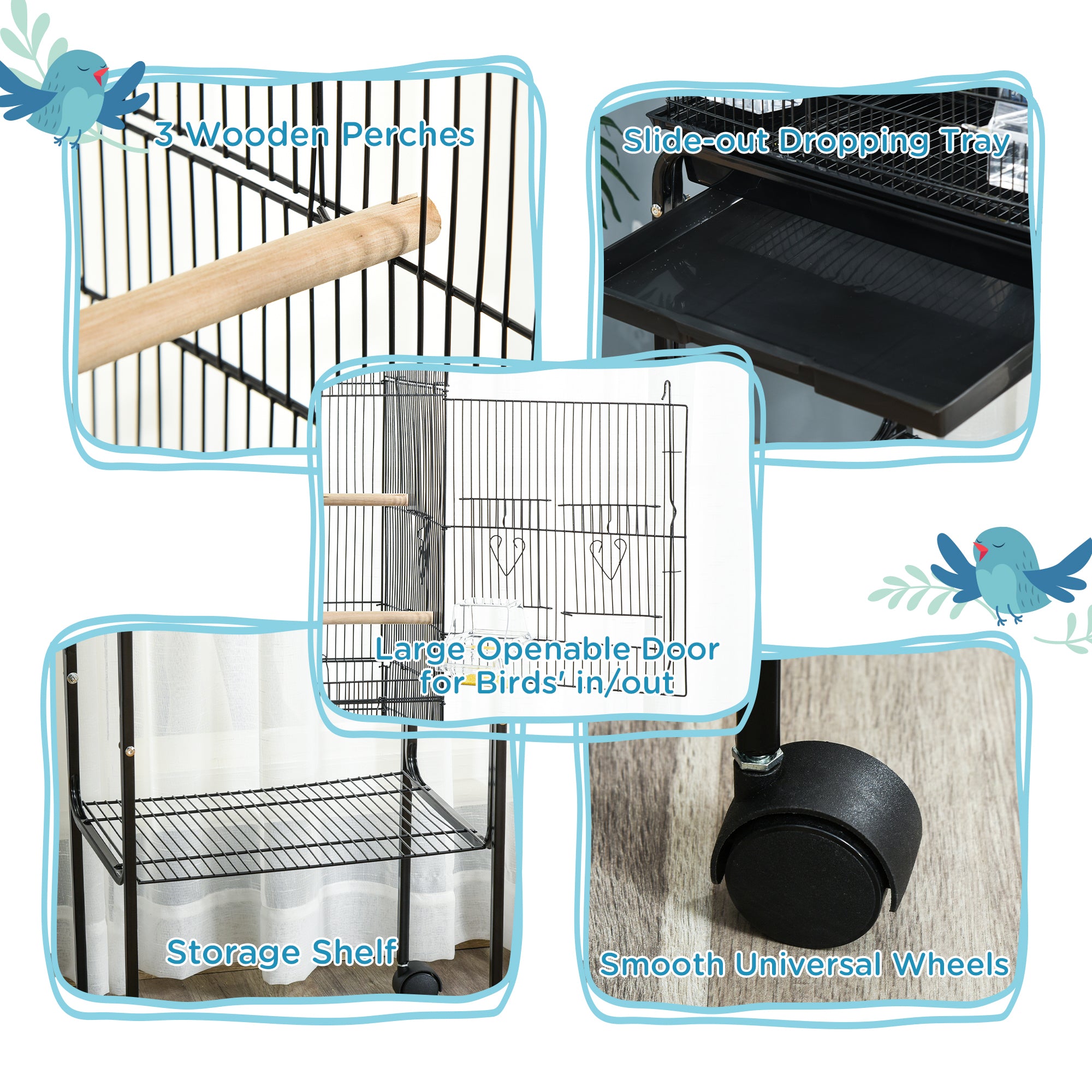 PawHut Bird Cage Budgie Cages for Finch Canary Parakeet with Stand Wheels Slide-out Tray Accessories Storage Shelf, Black - North Peak Garden Furniture