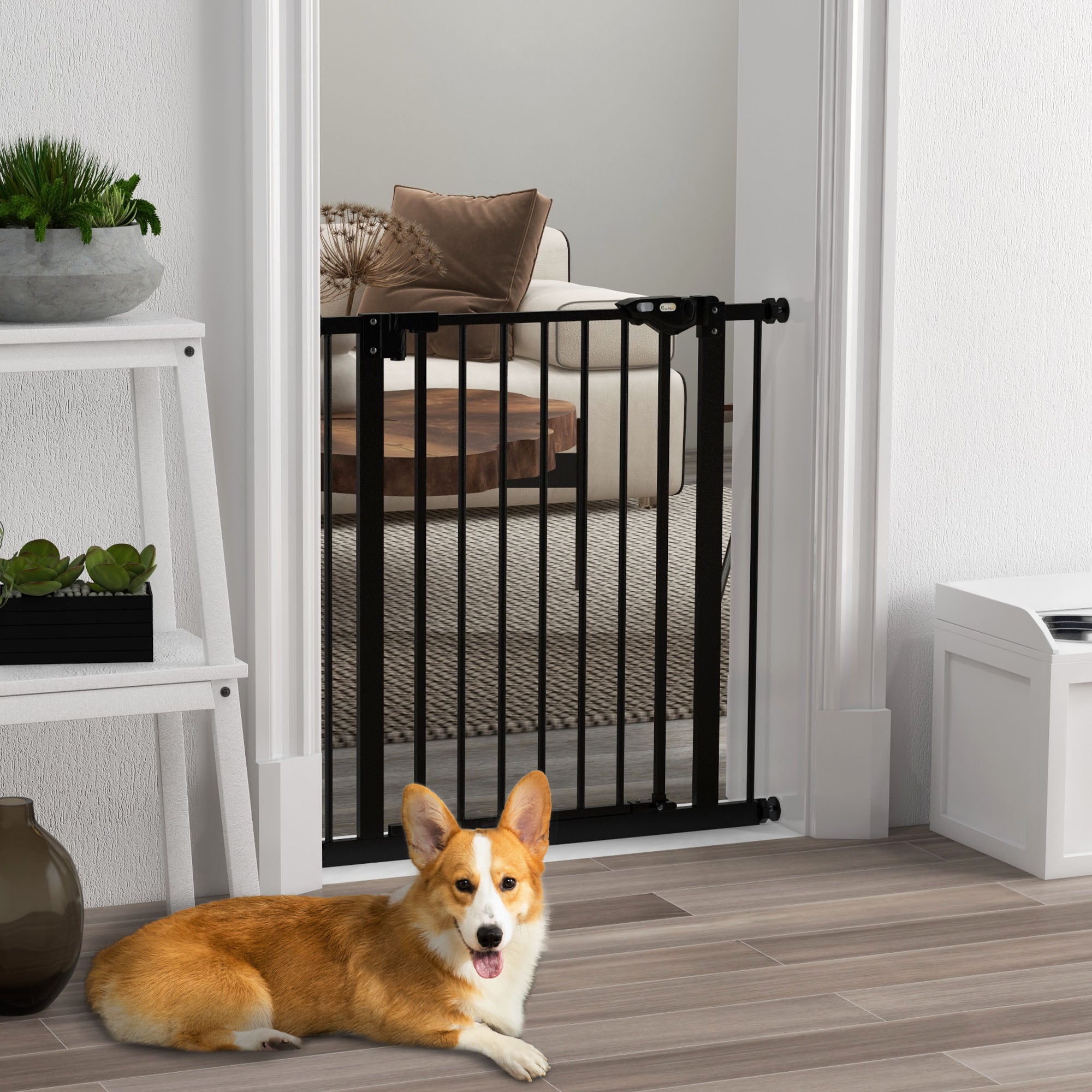 PawHut Metal 74-80cm Wide Adjustable Dog Gate Black - North Peak Garden Furniture