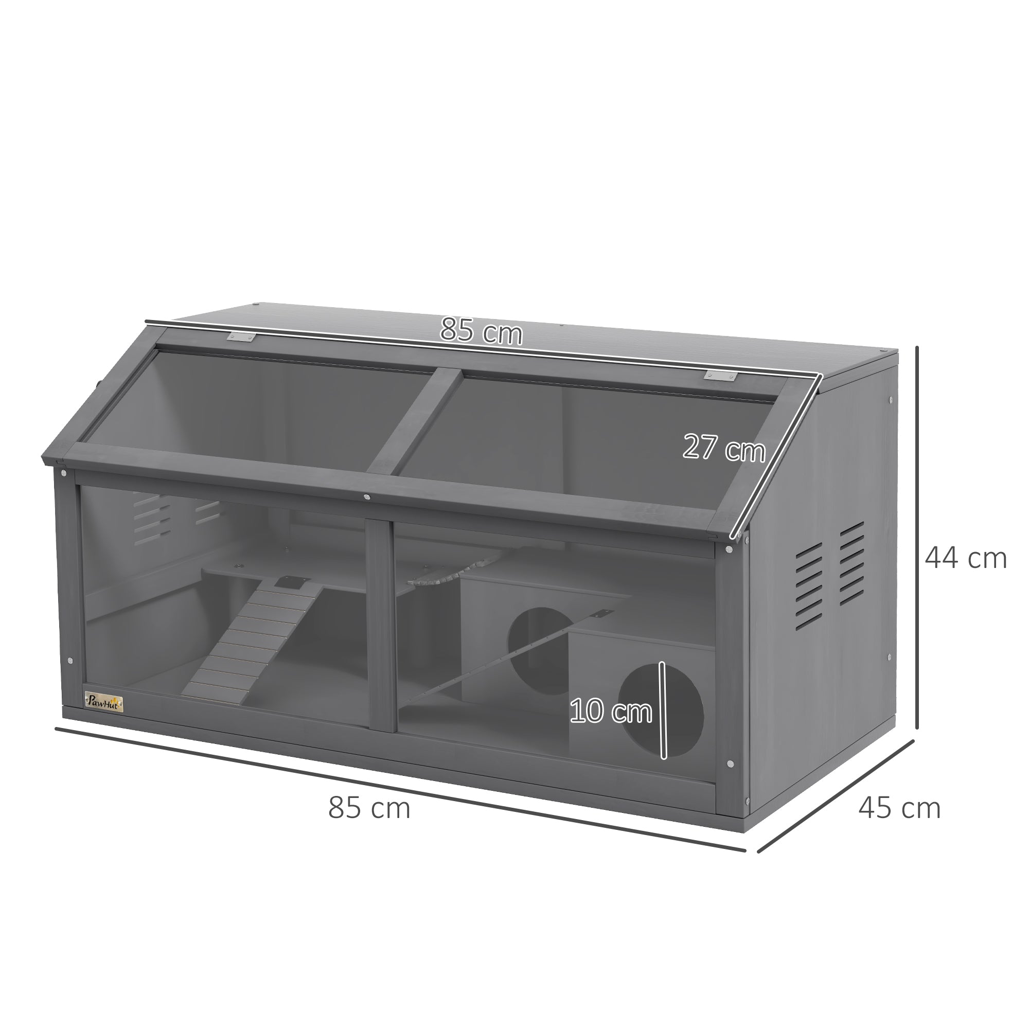 PawHut Hamster Cage, Wooden Small Animal Cage for Gerbils, Mice w/ Suspension Bridge, Openable Top, Hut, 85 x 45 x 44cm - Grey - North Peak Garden Furniture