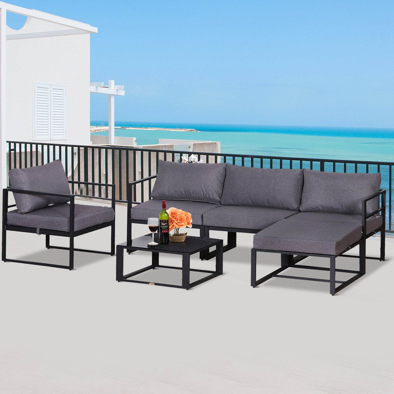 Outsunny 6 PCs Outdoor Indoor Sectional Sofa Set Thick Padded Cushions Aluminium Frame 5 Seaters 1 Coffee Table Footrest Grey - North Peak Garden Furniture