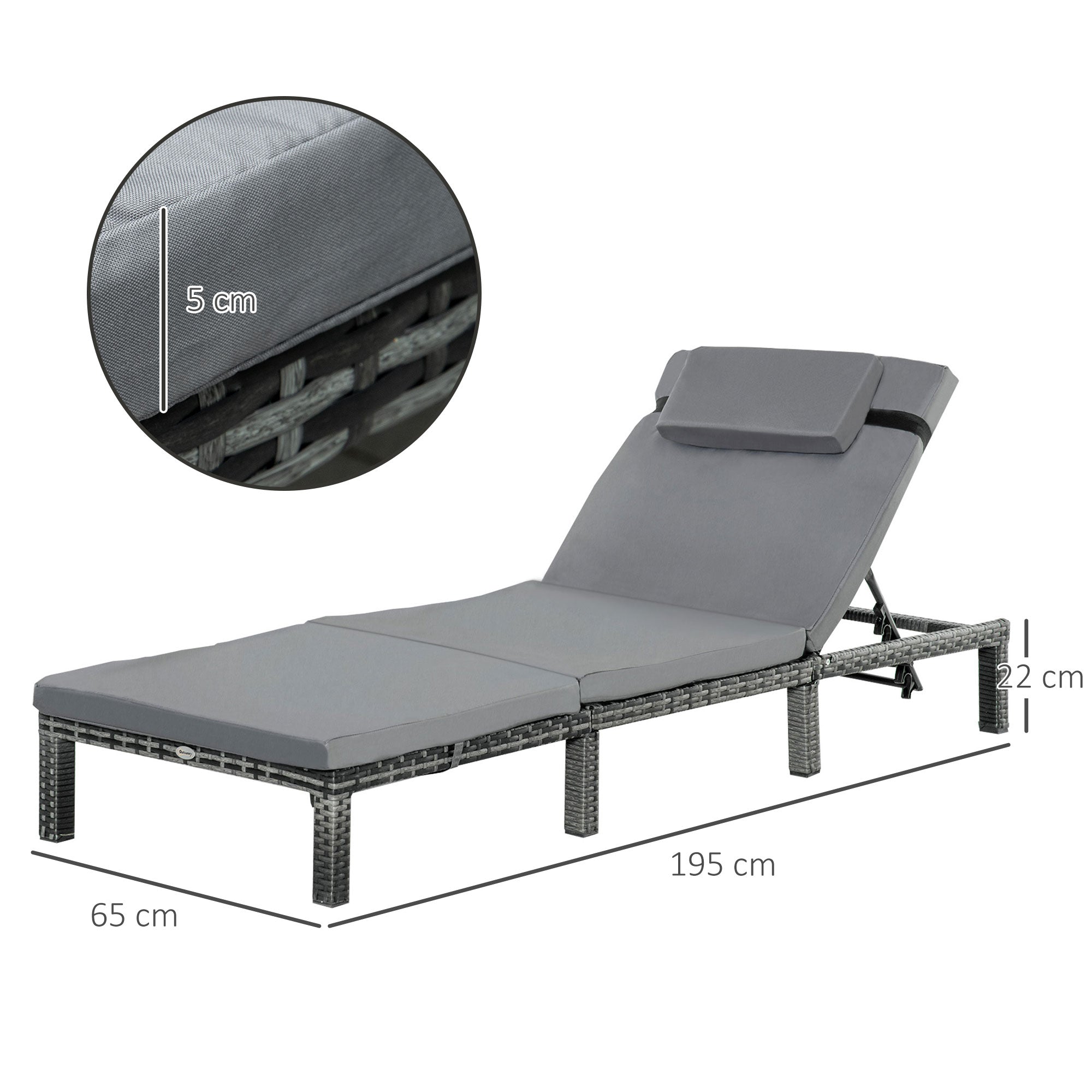 Outsunny 2 Pieces Outdoor PE Rattan Sun Loungers set of 2 with Cushion, Garden Wicker Sunbed Furniture with 5-Level Recliner Backrest, Grey - North Peak Garden Furniture