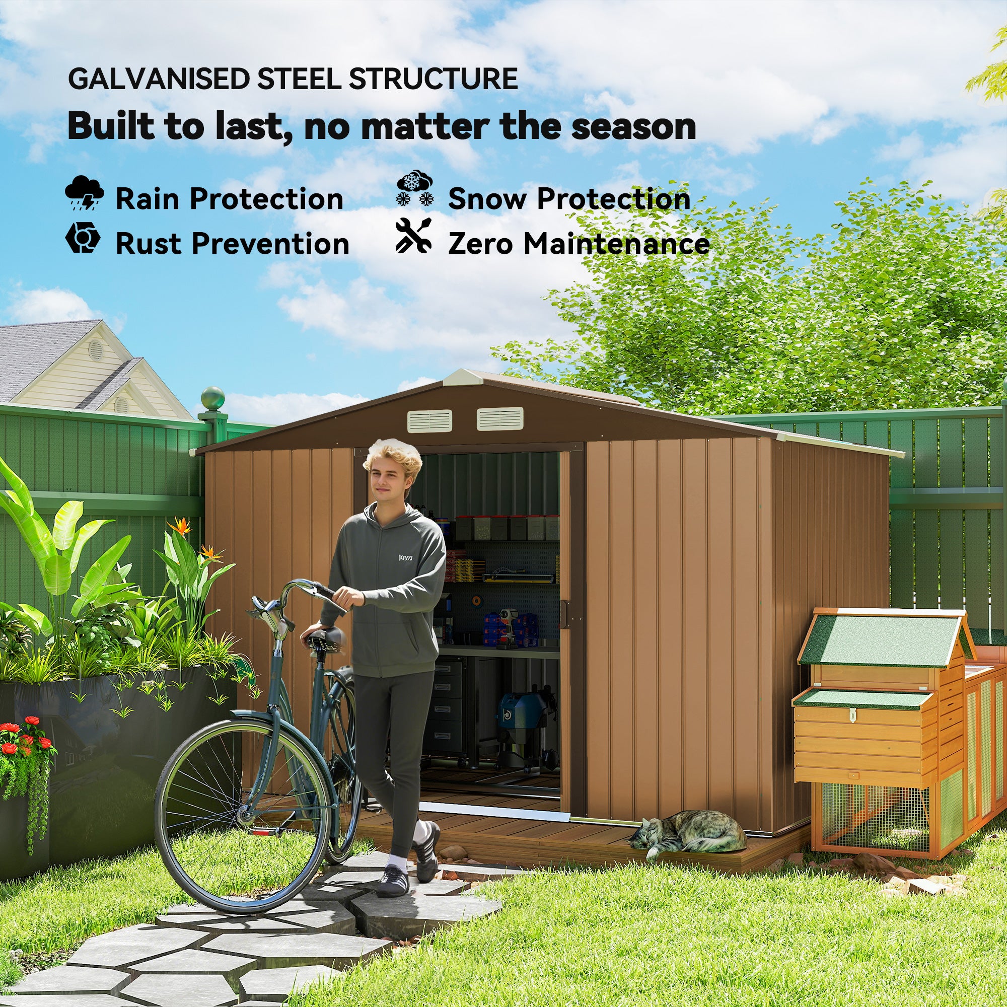 Outsunny 9 x 6ft Metal Garden Shed, Outdoor Storage Tool House with Ventilation Slots, Foundation Kit and Lockable Double Doors, Yellow
