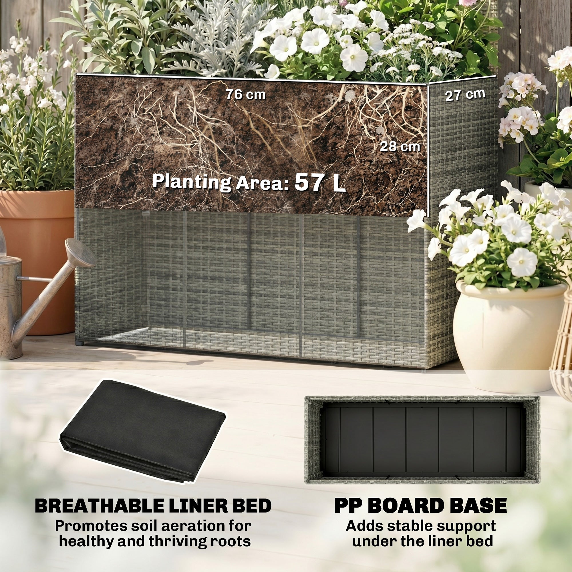 Outsunny Rattan Planter with Trellis, Raised Beds for Garden with Liner for Climbing Plants Vegetables Flowers, Dark Grey
