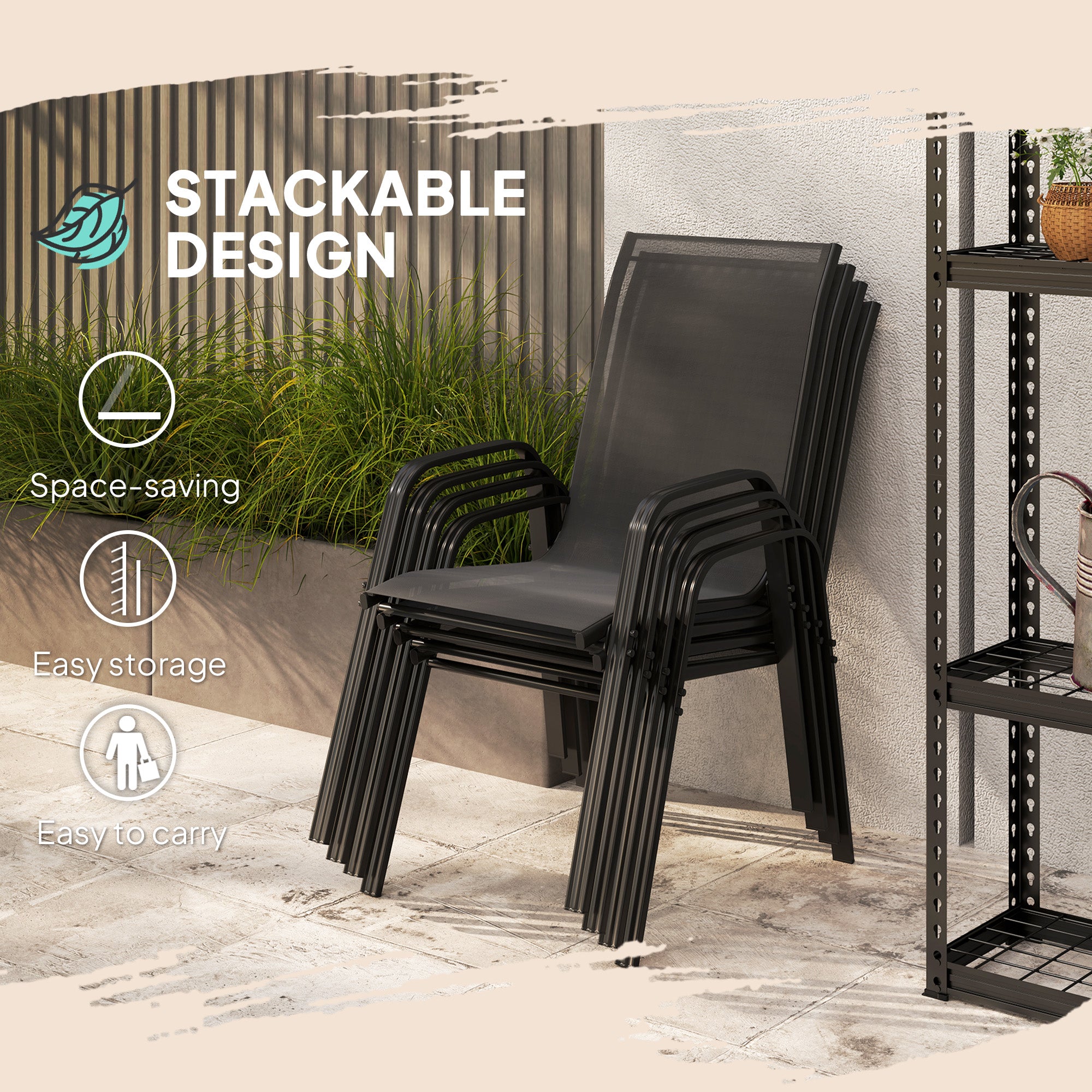 Outsunny Set of Four Stackable Mesh Seat Chairs - Black - North Peak Garden Furniture