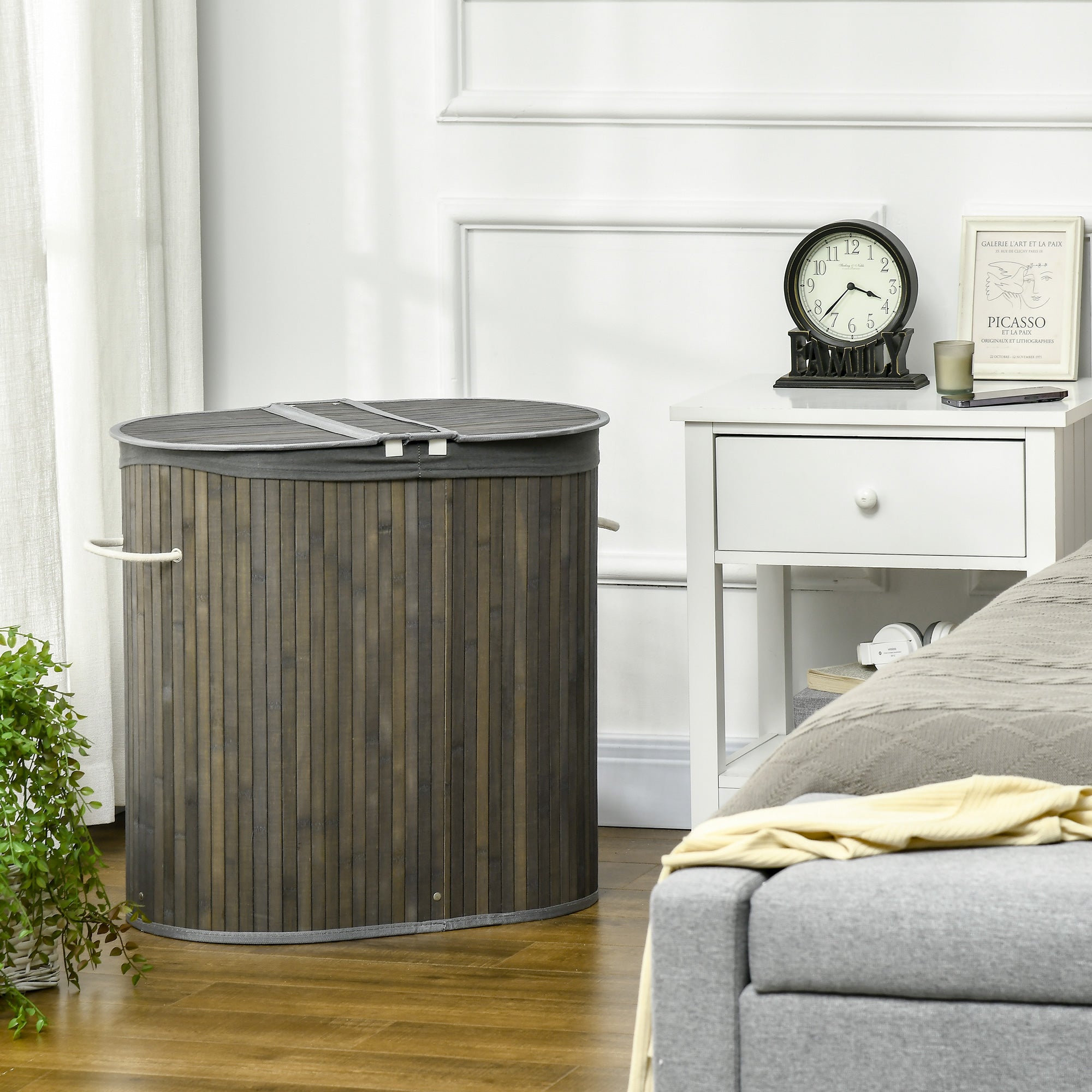 HOMCOM Bamboo Laundry Basket with Lid, 100 Litres Laundry Hamper with 2 Sections, Removable Washable Lining, Washing Baskets, 62.5 x 37 x 60.5cm, Grey - North Peak Garden Furniture