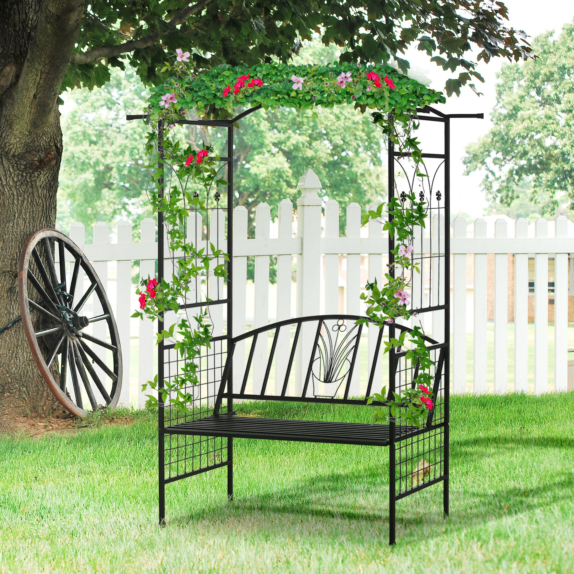 Outsunny Garden Metal Arch Arbour with Bench Love Seat Chair Outdoor Patio Rose Trellis Pergola Climbing Plant Archway Tubular - 154L x 60W x 205Hcm