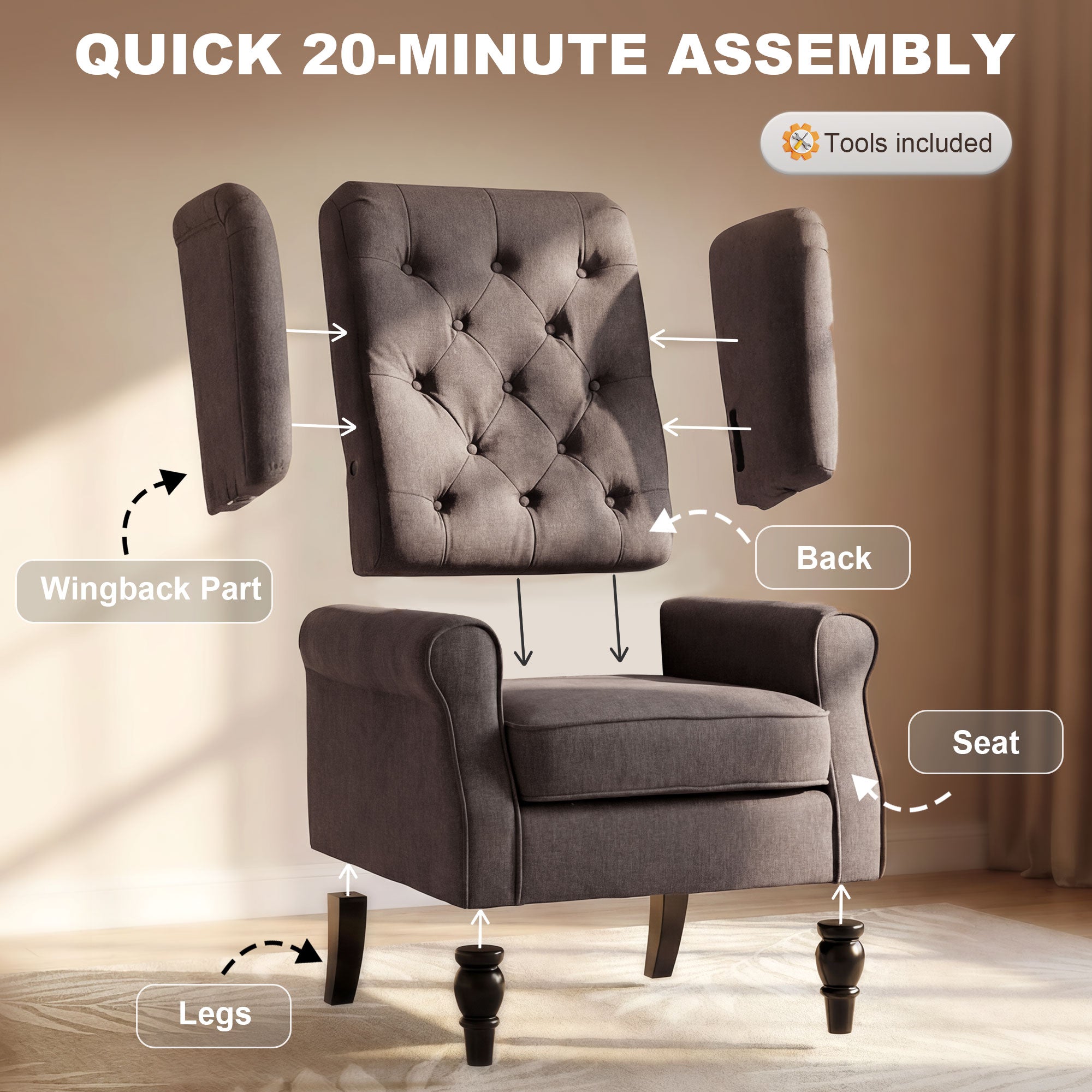 HOMCOM Retro Accent Chair, Wingback Armchair with Wood Frame Button Tufted Design for Living Room Bedroom, Brown