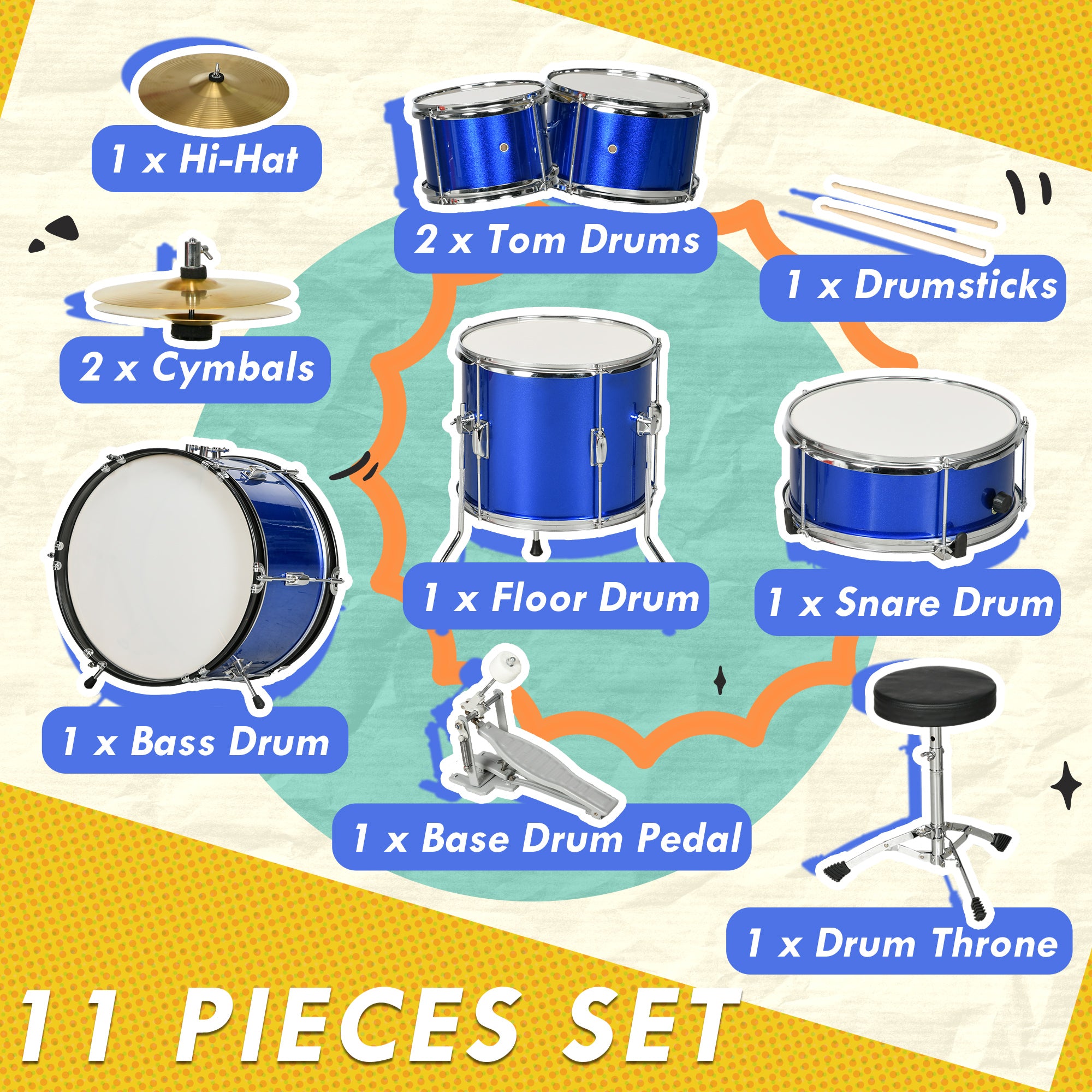 AIYAPLAY 11-Piece Kids Drum Kits w/ Stool, Drumsticks, Pedal, Cymbals, for 3-6 Years, Blue - North Peak Garden Furniture