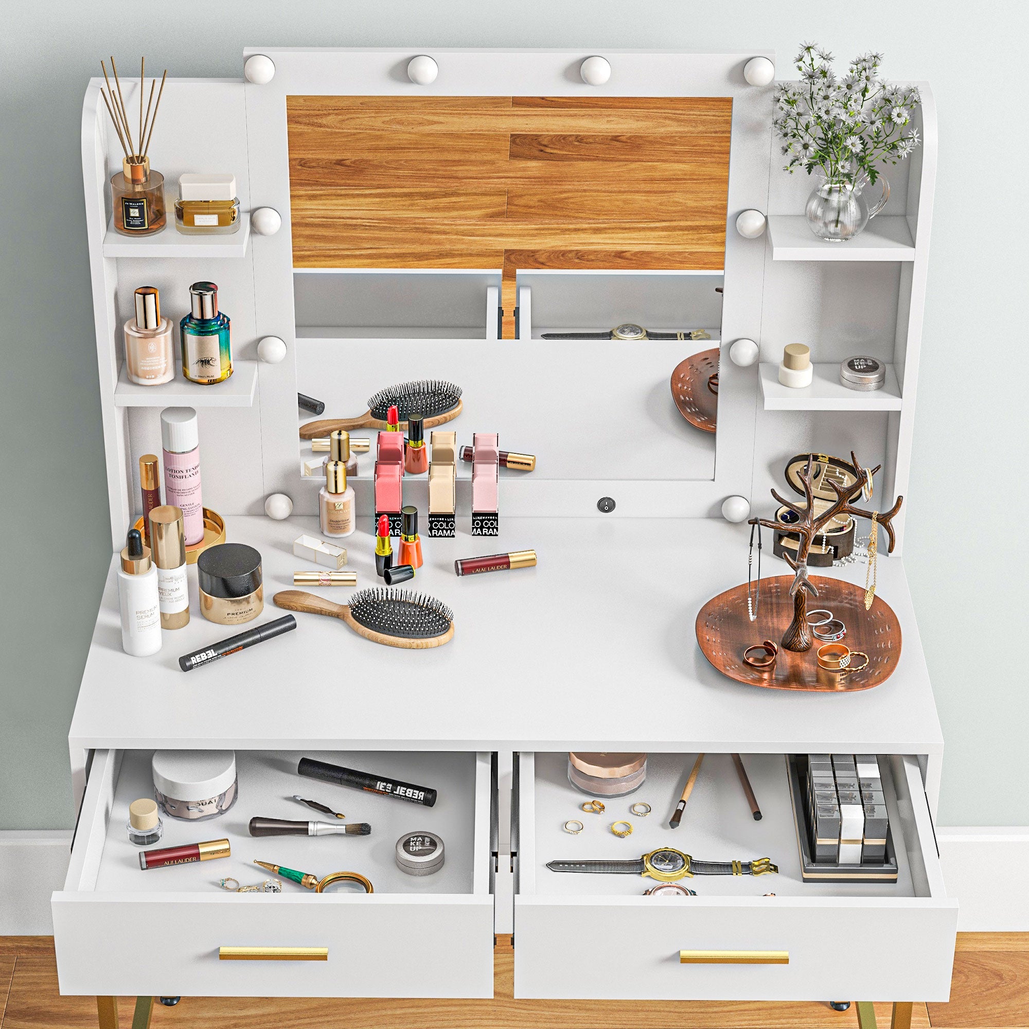 HOMCOM Dressing Table with Lighted Mirror, Cushioned Stool, Drawers, Shelves, LED Makeup Vanity Desk Set, Modern Dresser Vanity Table for Bedroom, White - North Peak Garden Furniture