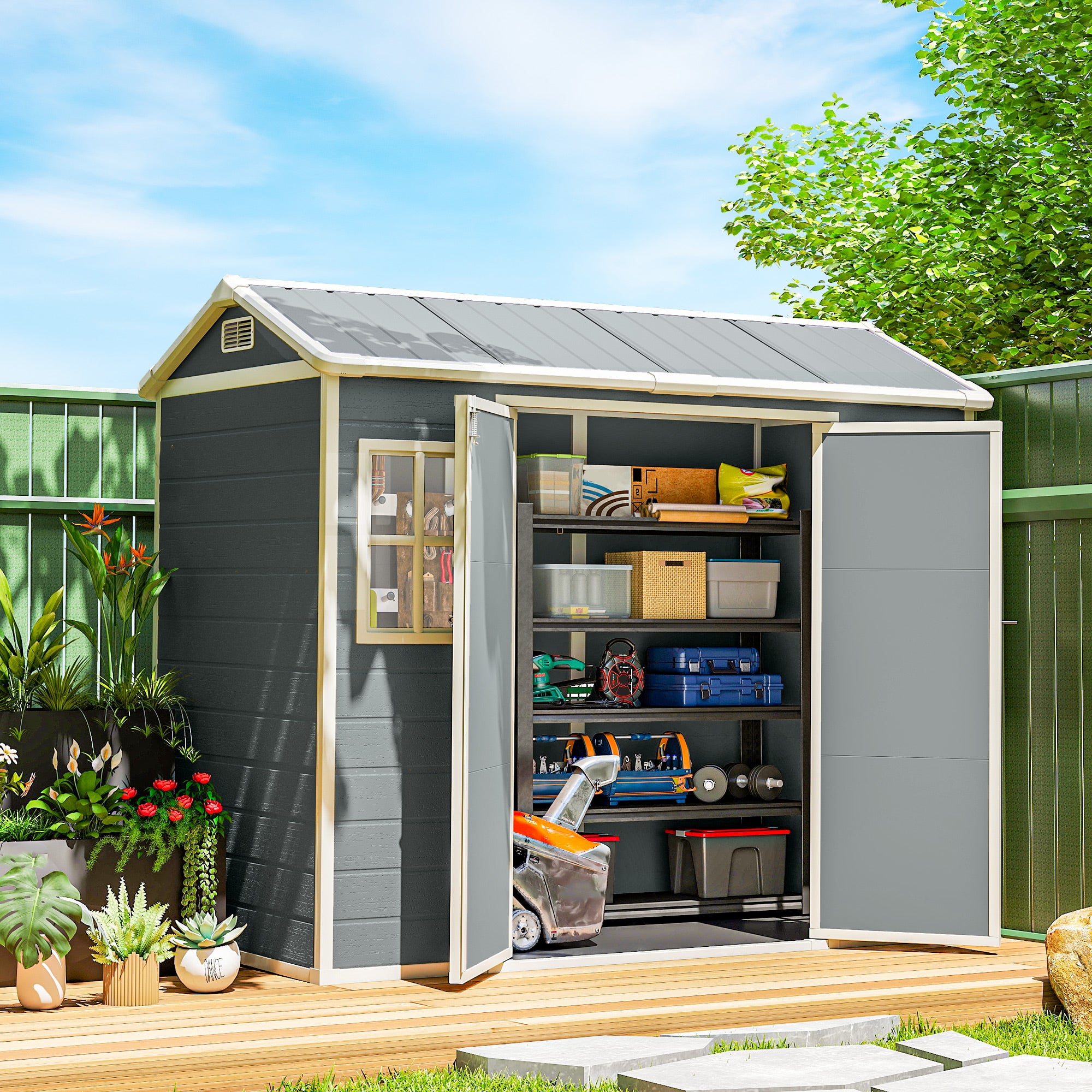 Outsunny 8 x 4 ft Plastic Garden Shed, Wood-Effect Outdoor Storage Shed with Floor, Windows, Lockable Doors and Vents, Light Grey