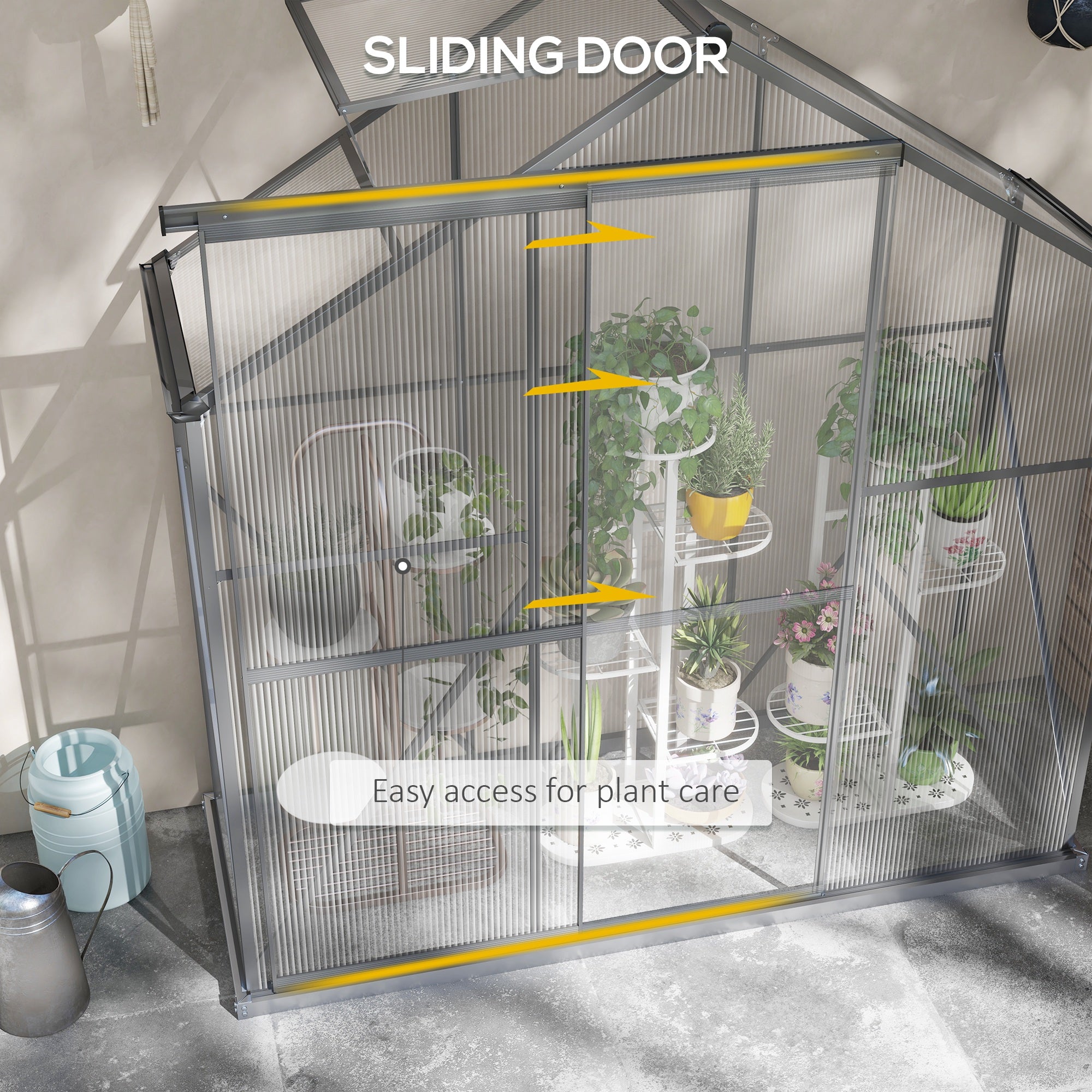 Outsunny 6 x 2.5ft Polycarbonate Greenhouse Walk-In Green House with Rain Gutter, Sliding Door, Window, Foundation, Dark Grey - North Peak Garden Furniture