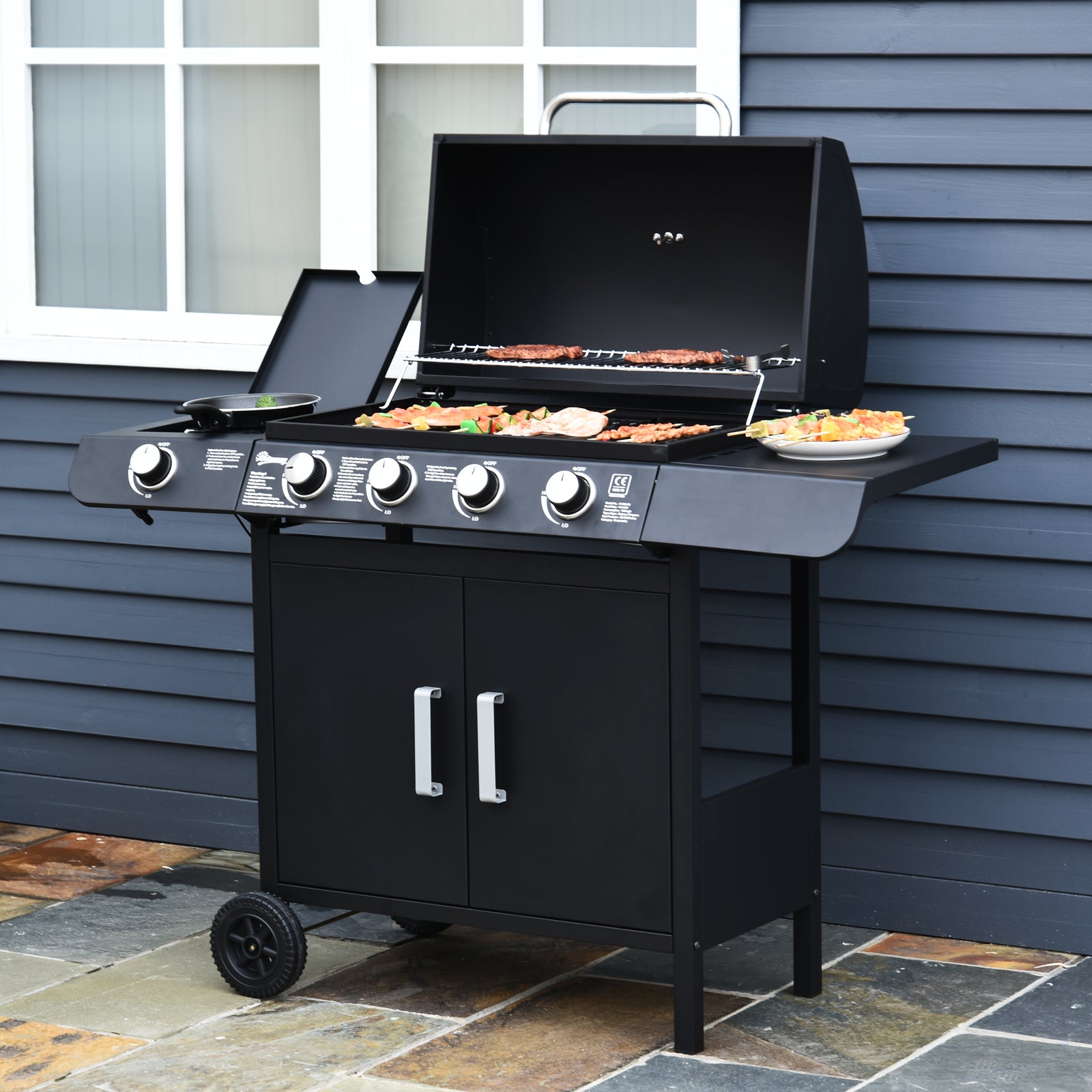 Outsunny 4+1 Gas Burner Grill BBQ Trolley Backyard Garden Smoker Side Burner Barbecue w/ Storage Side Table Wheels - North Peak Garden Furniture