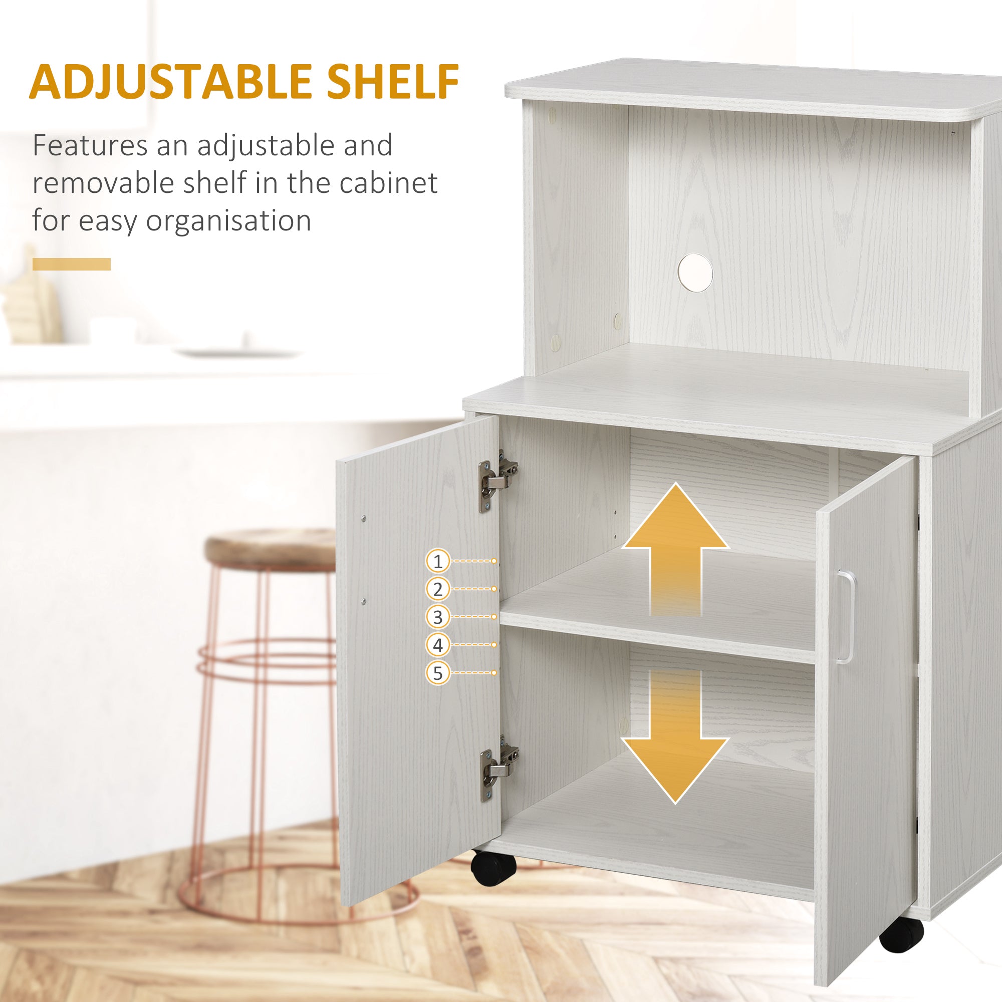 HOMCOM Kitchen Storage Unit, Modern Microwave Stand Trolley Cart, Sideboard with Cabinet, Locking Wheels, Shelf for Living Room, Dining Room, White - North Peak Garden Furniture