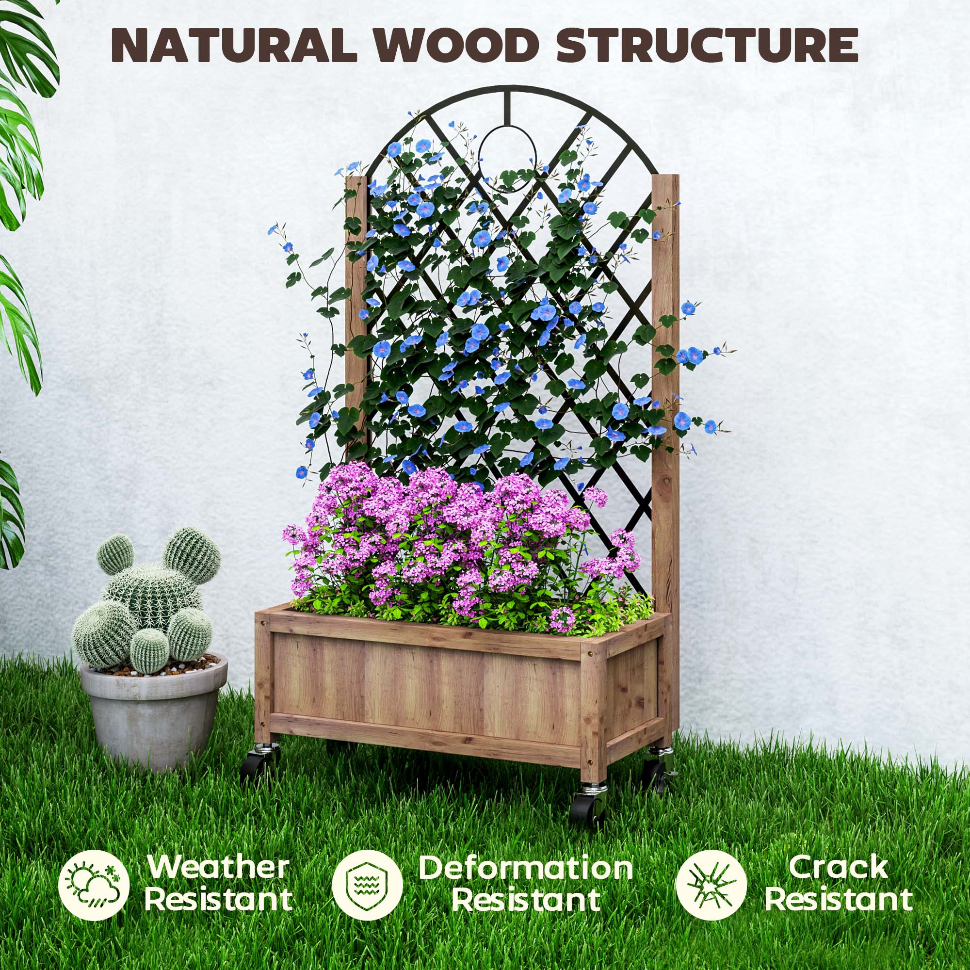 Outsunny Wooden Planter, with Metal Trellis - Brown/Black - North Peak Garden Furniture