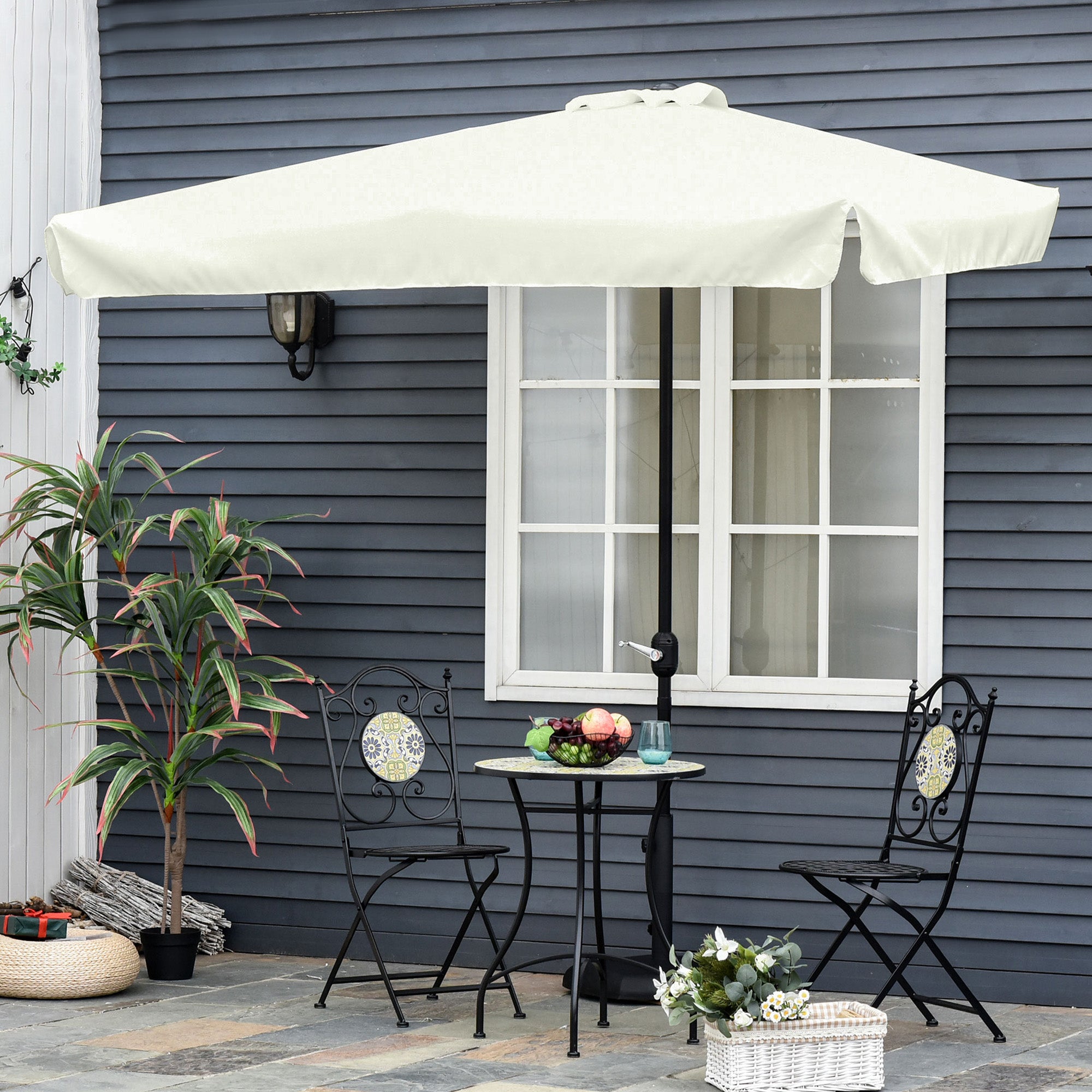 Outsunny 2.3m Half Parasol Semi Round Umbrella Patio Metal Frame Crank Handle for Balcony-- NO BASE INCLUDED, Off-White - North Peak Garden Furniture